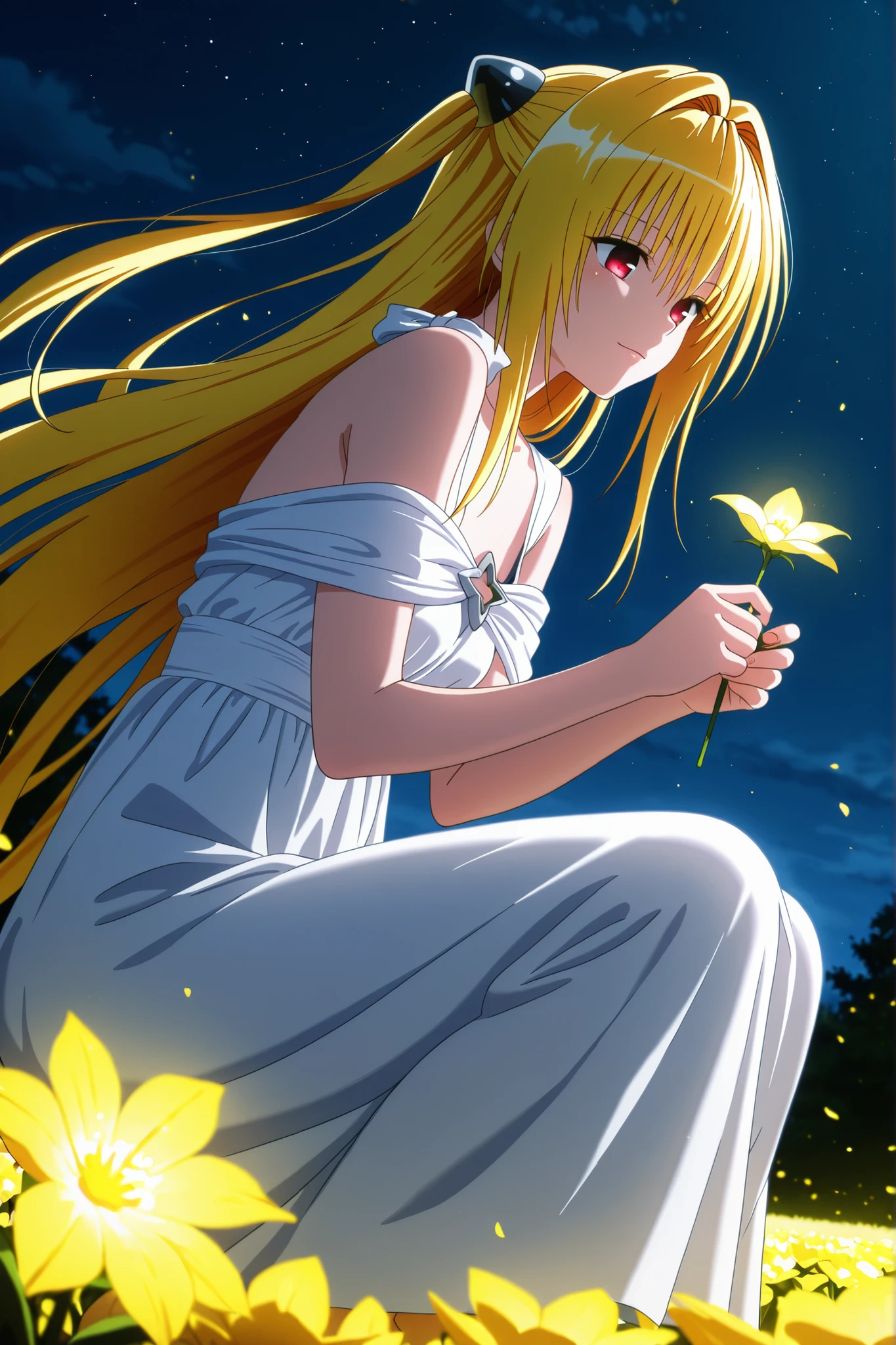 8K,HDR,best quality, high quality,amazing quality,highly detailed,ultra detailed,high resolution, absurdres, newest,(anime screencap:1),(anime coloring:1),(anime style:1),perfect eyes,detail1eye,well-defined fingers,(perfect anatomy:1), (perfect fingers,5 fingers:1),overlooking,cowboy shot,from side,magnificent panorama view,

BREAK 
1girl,solo,"konjiki_no_yami  \ (to_love-ru \)",yami, konjiki no yami, yellow hair, long hair, red eyes, hair ornament, two side up, mature female, small breasts,

empire dress, high waist, flowing fabric, airy,white dress,

light smile,(expressionless:0.5),looking down,holds a flower in both hands,squatting,

BREAK 
rltstc,soft wind,serene mood,helios 85mm,dof,the flower illuminates her face, field with many glowing flowers, yellow flowers,night,warm lighting