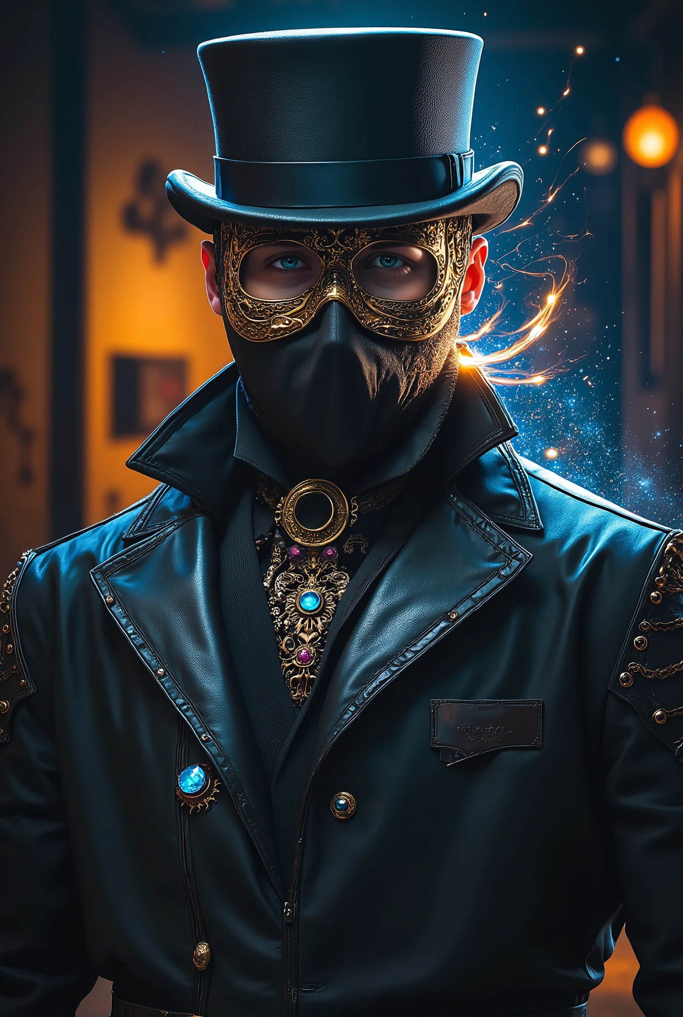 Portrait of a mysterious thief in dark Victorian steampunk attire, half-face black mask, brass-buckled leather coat with glowing blue gemstones, concealing an ornate gentleman's mask behind his back, the mask radiating ethereal golden light, magical wisps of energy, dramatic chiaroscuro lighting, hyperrealistic fantasy art style, 8K resolution, realism, detailed