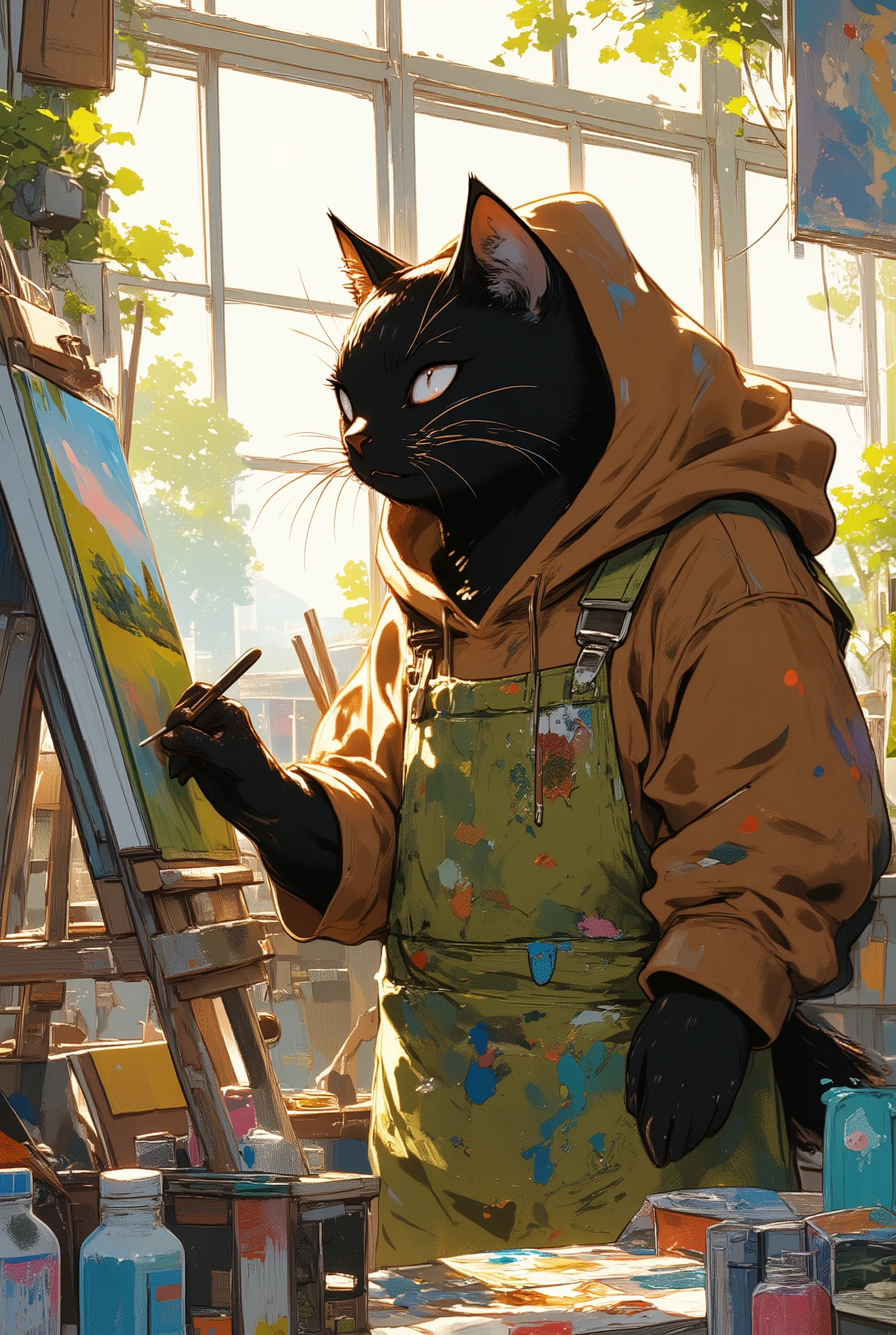 in the center of the palace , Along with the、I'm obsessed with painting on an easel set up in a brightly lit atelier. The brown hoodie and moss green apron are speckled with colorful paint. his atelier is messy but artistic, canvas, the big black cat reflects, Brush, and paint tubes scattered all around him. plenty of natural light shines through a large window, emphasizes the vivid colors of the painting being created. cats have brown eyes , as if penetrating sharply, determination and passion. Thoughtful、with a slightly mischievous expression, he adds the final finishing touch to his landscape, capturing the beauty of the world through his own perspective.
