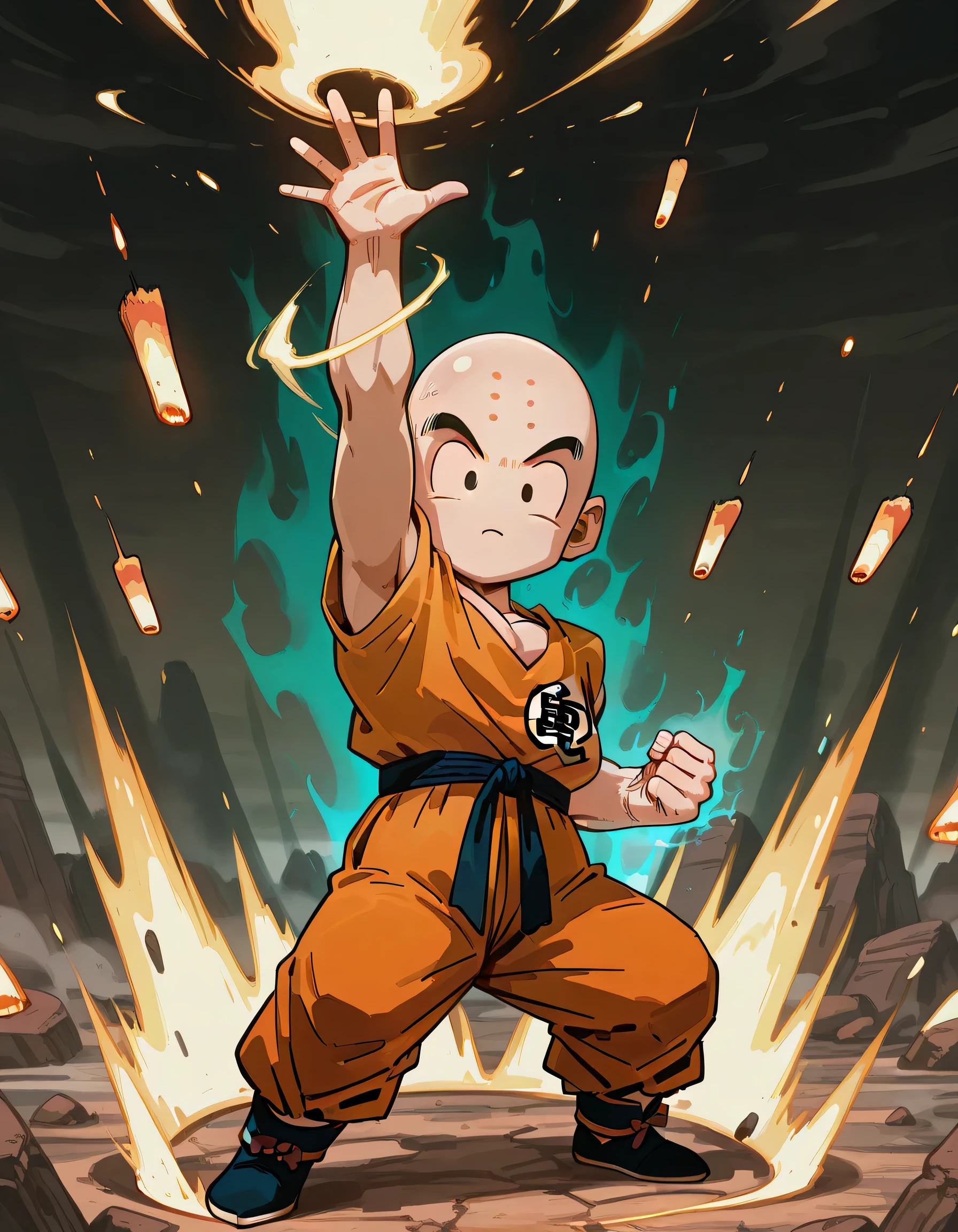 1boy,kuririn,1boy ,(arm up), legs apart,(Fires multiple diffused beams of aura energy from his hands:1.2),no sclera, black eyes,looking at viewer,smark , full body, open hand,clenched hand, bald, black eyes, no nose, no sclera, forehead mark),battle ,1980’s anime style,dynamic motion,battle sean,(aura:1.2)