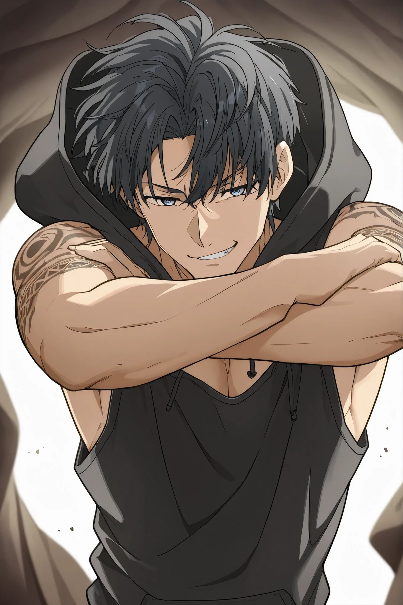 1 adult male, 23 year old male, curled center parted black hair with curtain bangs, thin squinted silver-blue eyes, smug grin, black tribal tattoos covering arms and upper chest and throat, simple black tanktop with loose unsipped white hoodie hanging at elbows, natural fighter, dynamic pose, fully body, anime style