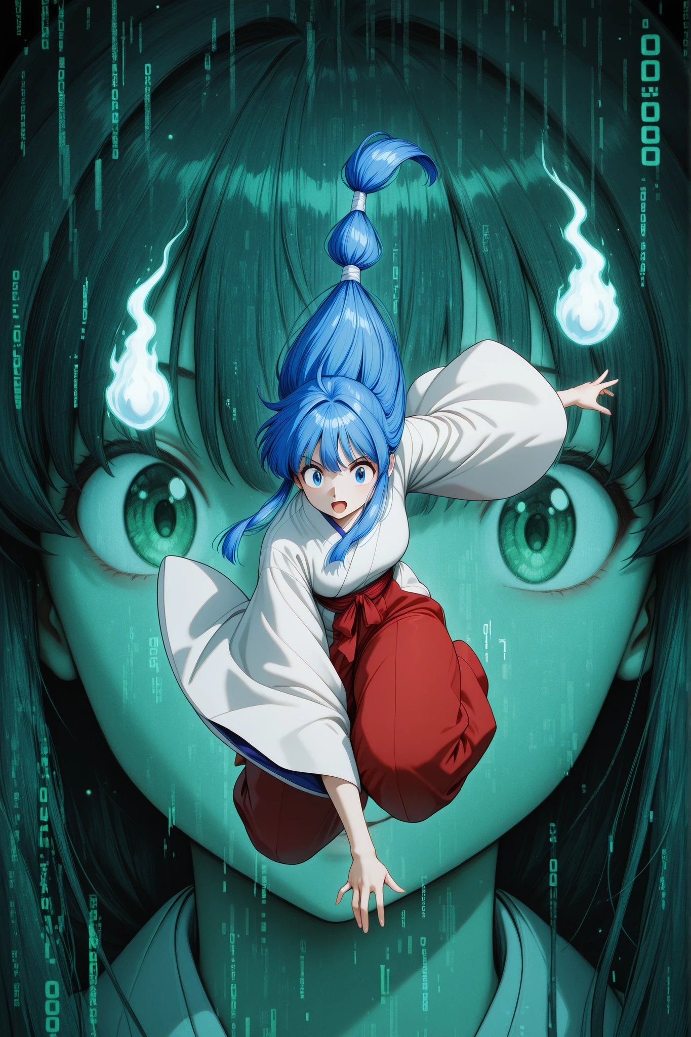 okinu-chan, blue hair, sidelocks, long hair, low-tied long hair, hitodama, japanese clothes, wide sleeves, red hakama, <lora:gs_okinu-chan_illustrious_ver2:0.8>smile, open mouth, masterpiece, best quality, sensitive, 1girl, solo, facing the camera,detail face and eyes, detailed face,detailed eyes,close-up, (dynamic pose:1.3),flying,(om0atrix0, mmatrix-style, code, glitch, digital dissolve, green theme),