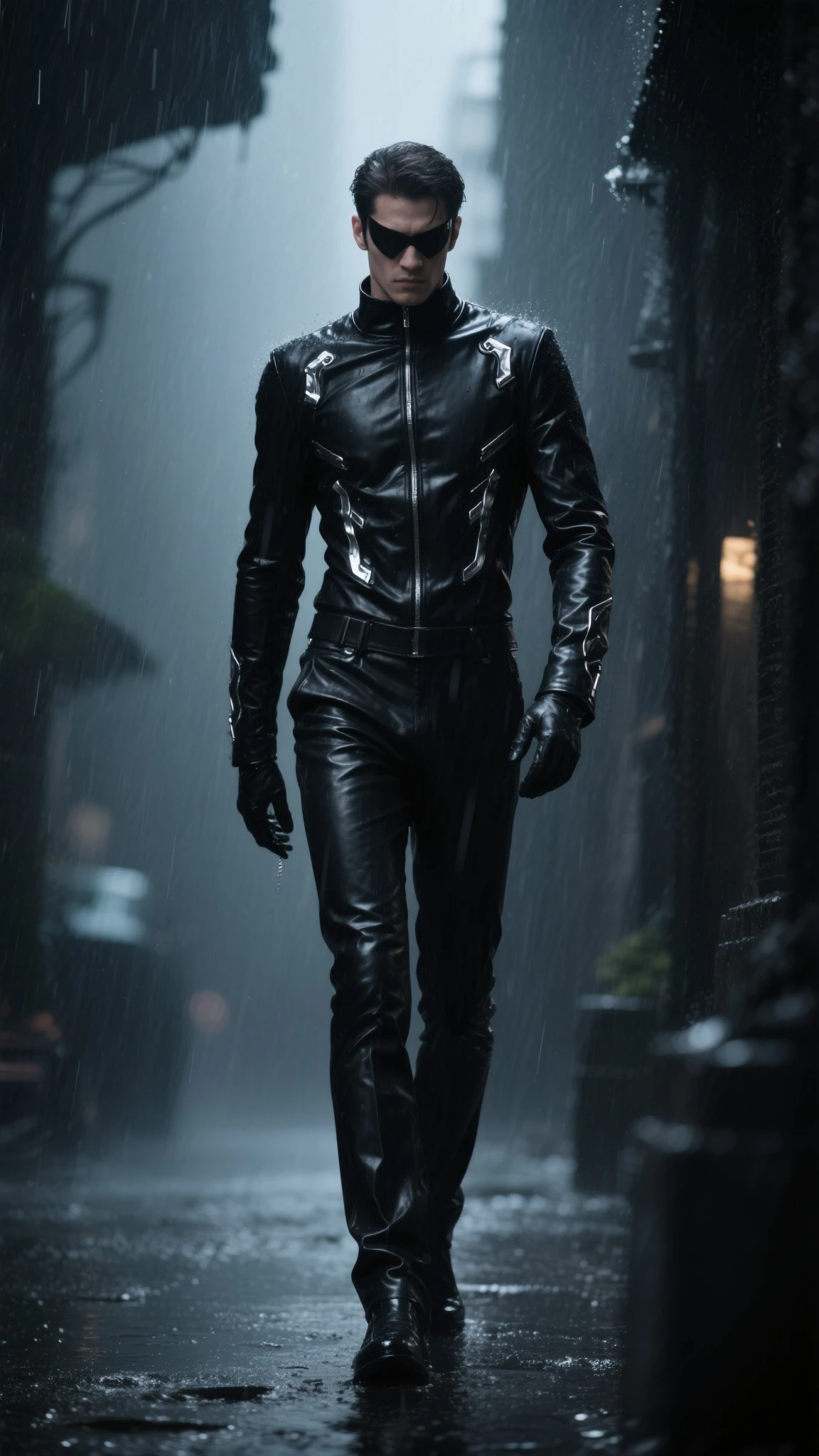 Full full body photorealistic handsome Hunky Catboy wearing a black waves filigree latex spandex and gloves , with black cat's ears,,standing firmly face frontal camera focus asymmetrical face details,charachter, beautiful, devian art, trending artstation, digital art, detailed, realistic, humanoide, character,cinematic sho ,cinematic lights, high textures, high resolution, dreamlikeart, 8k, highly detailed, stabilized diffusion. Detailed face and fingers.