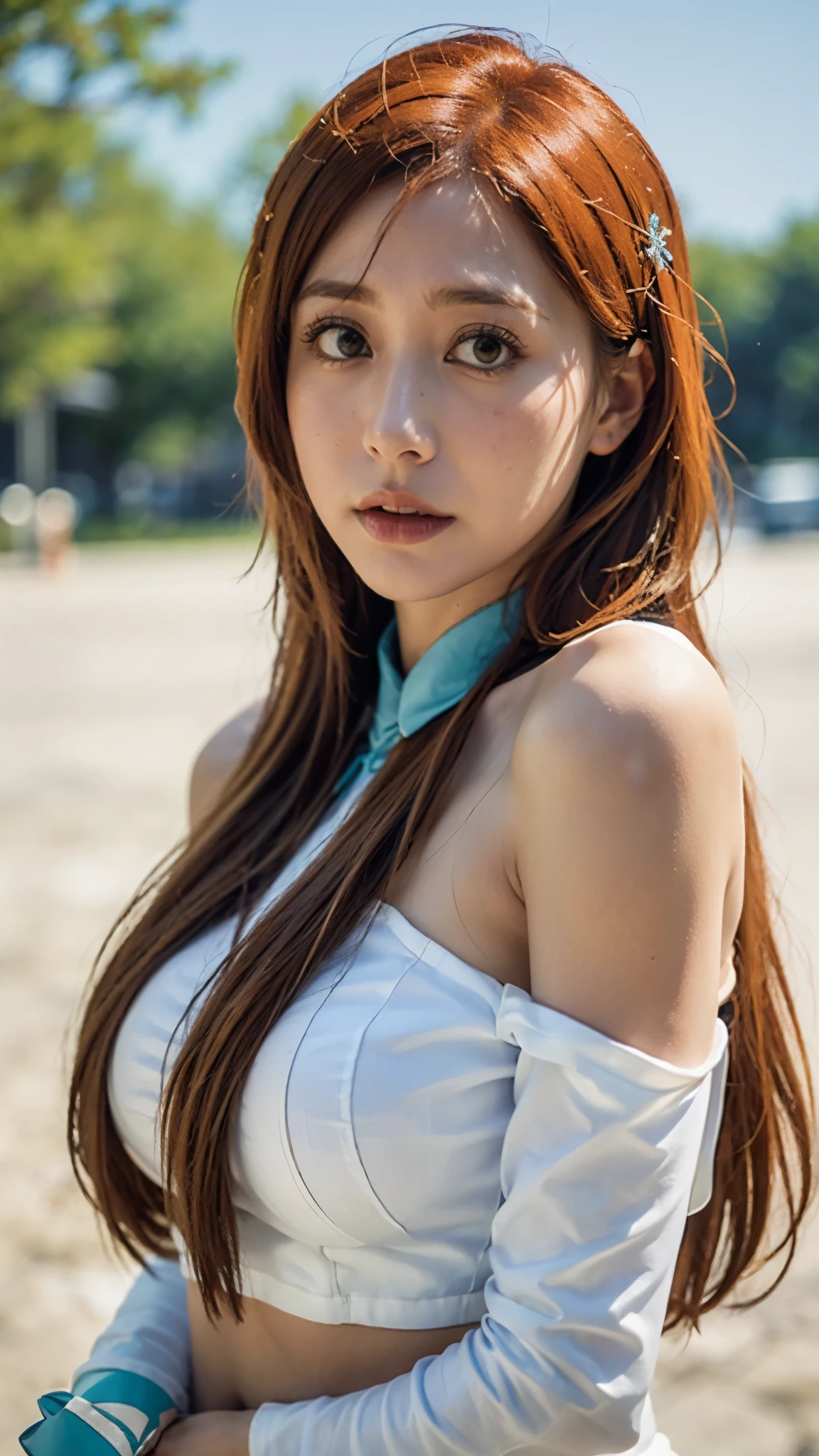 A hyper-realistic and ultra-detailed half-body portrait of Inoue Orihime from Bleach, reimagined in real life. She has long, silky orange hair cascading over her shoulders with natural highlights, soft brown eyes filled with warmth and determination, and smooth pale skin with a gentle natural glow. She is wearing her iconic white Hueco Mundo outfit, tailored with visible stitching and realistic fabric textures, flowing naturally around her figure. Her delicate hands rest gracefully at her sides, and faint glowing traces of her Shun Shun Rikka spirit fairies shimmer subtly near her, adding a mystical aura. The lighting is cinematic, highlighting the contours of her face and outfit, with ultra-sharp details capturing every strand of hair, the subtle blush on her cheeks, and the reflective depth in her eyes. The background is softly blurred, focusing all attention on her elegant and lifelike presence