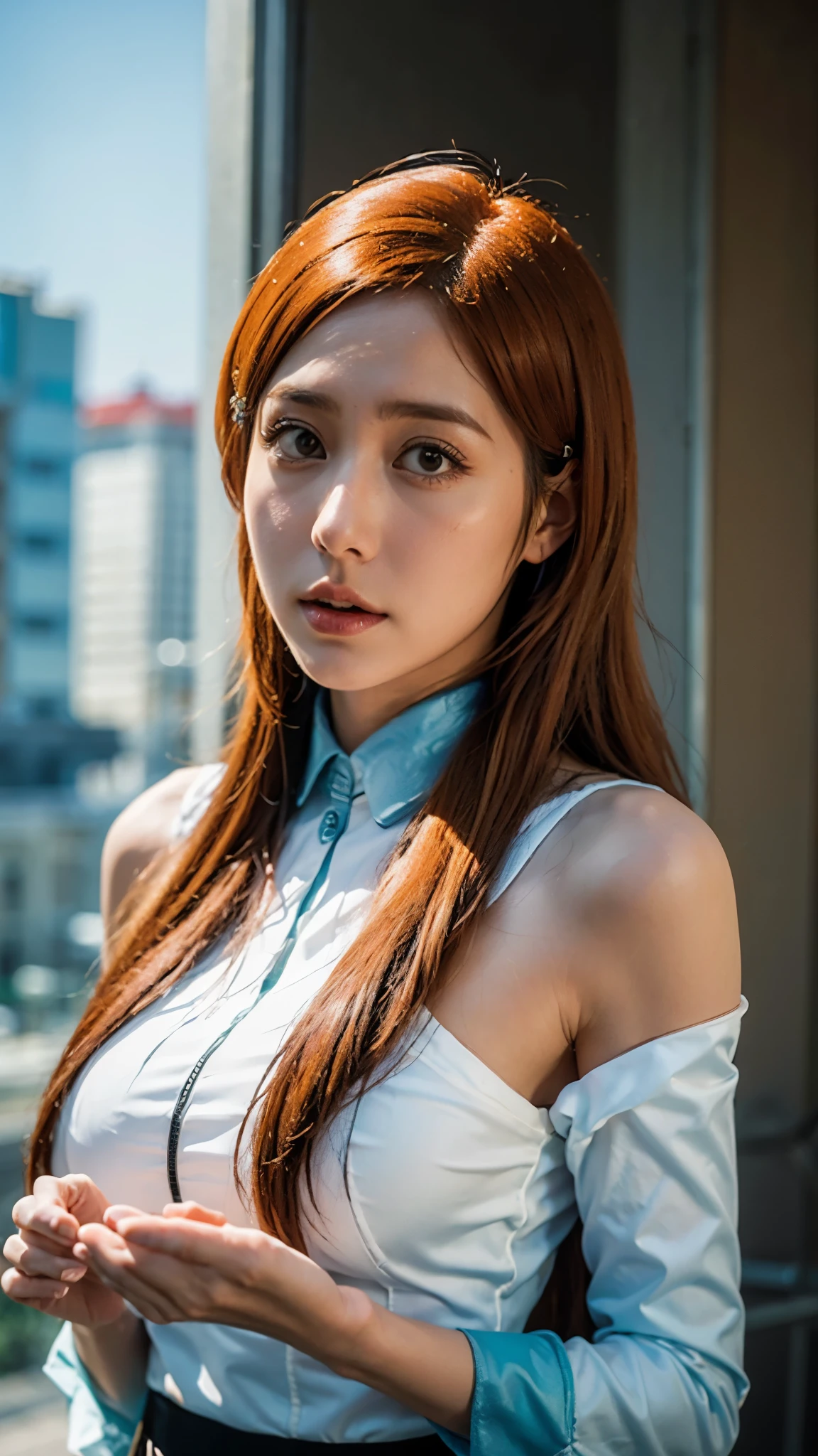 A hyper-realistic and ultra-detailed half-body portrait of Inoue Orihime from Bleach, reimagined in real life. She has long, silky orange hair cascading over her shoulders with natural highlights, soft brown eyes filled with warmth and determination, and smooth pale skin with a gentle natural glow. She is wearing her iconic white Hueco Mundo outfit, tailored with visible stitching and realistic fabric textures, flowing naturally around her figure. Her delicate hands rest gracefully at her sides, and faint glowing traces of her Shun Shun Rikka spirit fairies shimmer subtly near her, adding a mystical aura. The lighting is cinematic, highlighting the contours of her face and outfit, with ultra-sharp details capturing every strand of hair, the subtle blush on her cheeks, and the reflective depth in her eyes. The background is softly blurred, focusing all attention on her elegant and lifelike presence