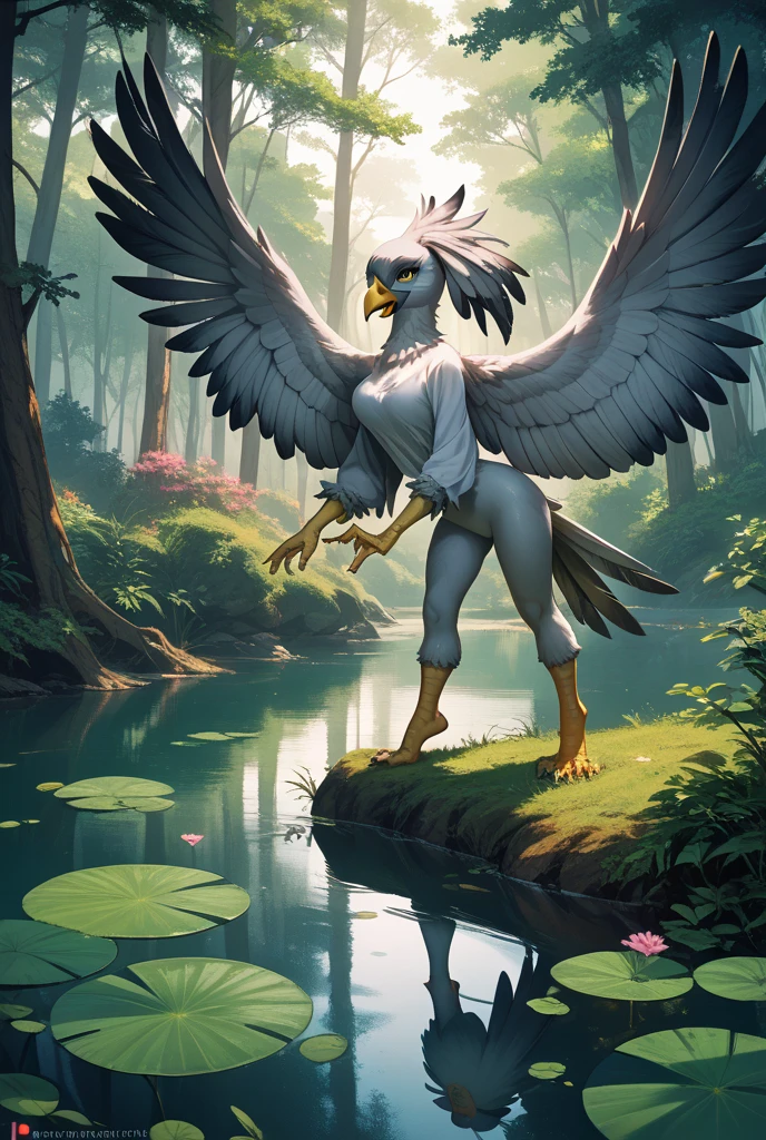 ultra-detailed, masterpiece, masterwork, high quality, best quality, hdr, (nature), , male, solo, avian, (()), (white little body crow), (long silver hair, beak, closed eyes sleeping), horn, dragon ears, sitting, dynamic angle, (, perfect ), Hands and wings in one piece,