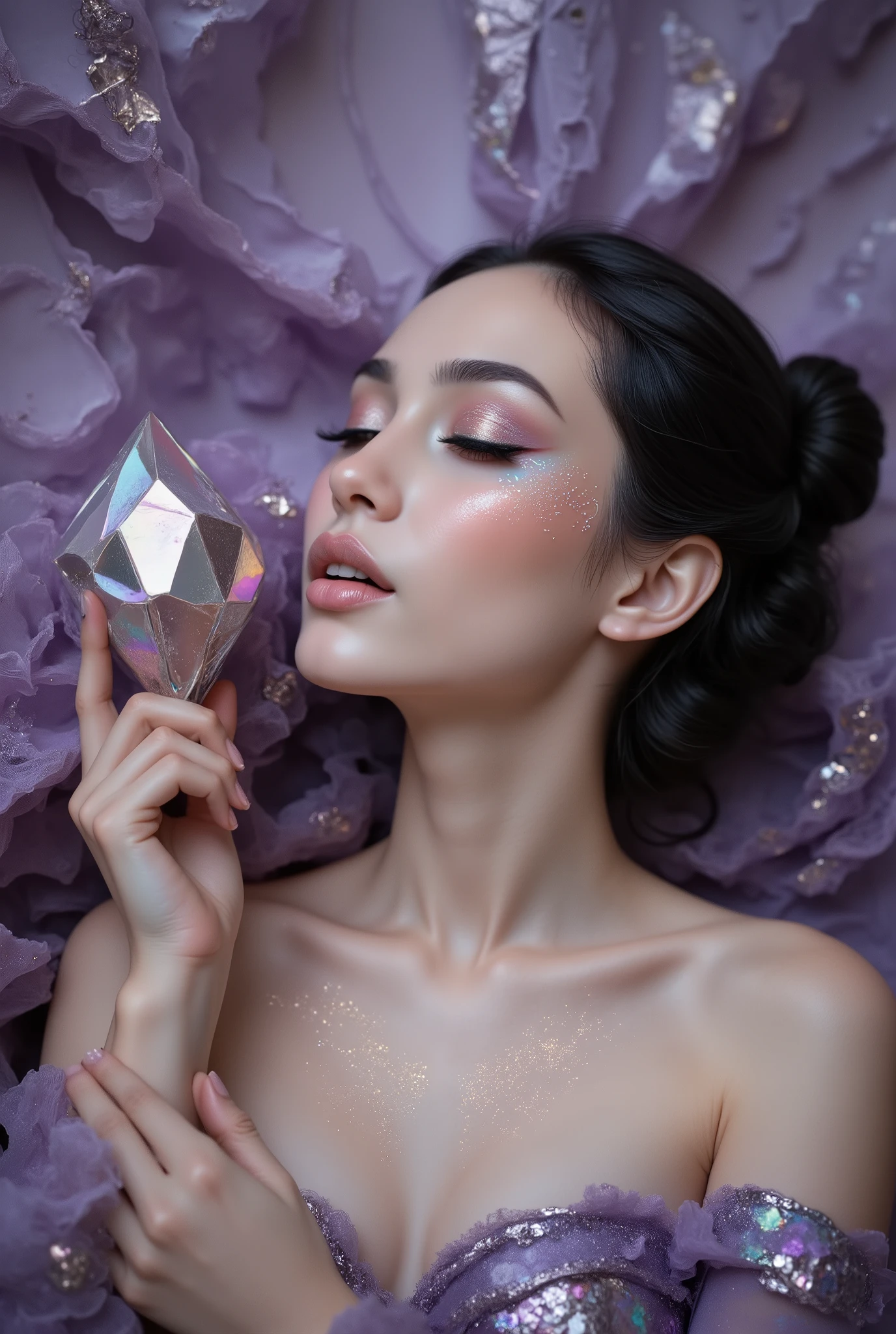 Wide view, dynamic perspective. Photography in the style of high fashion and art photography. Incredibly detailed, hyper-realistic, with cinematic lighting.
The stage: A simple but elegant studio. The background is a huge, wrinkled, vintage silk the color of a dusty purple rose, forming broken, textured folds. Tiny specks of dust hang in the air, illuminated by rays of light, creating a feeling of haze and volume.
Subject: A female model of mixed ethnicity (say, Scandinavian and Japanese features) with flawless, translucent, radiant skin. The model demonstrates flawless fantasy makeup. The pure and harmonious colors of the eye shadow contrast with the crisp black eyeliner and long curved false eyelashes. her body is wrapped in sparkling purple organza. Her pose is graceful and natural: she tilts her head back slightly, her eyes are closed, and her expression is blissful, meditative, and full of surrender to the moment. Her dark hair is pulled back in a casual but elegant bun, from where a few strands escape, sticking to her neck and temples.
The key element: A diagonal beam of light from a large softbox gently falls on her skin (shoulder, collarbone, decollete), but the main source of magic is the play of refracted light. The model holds a large faceted glass prism. Another ray of studio light passes through it, which decomposes into a spectrum and casts a myriad of tiny, iridescent highlights on the model's skin, silk and fog — small rainbows that dance and shimmer like scattered gems.
Color palette: Muted and elegant. The main tones are dusty pink, pearl, purple, purple, gray.
Style and details: Macro-detailing of the skin, where its texture is visible, as well as decorative cosmetics products that enhance the natural glow. The focus is sharp on the highlights on the skin, the background and fog are soft.