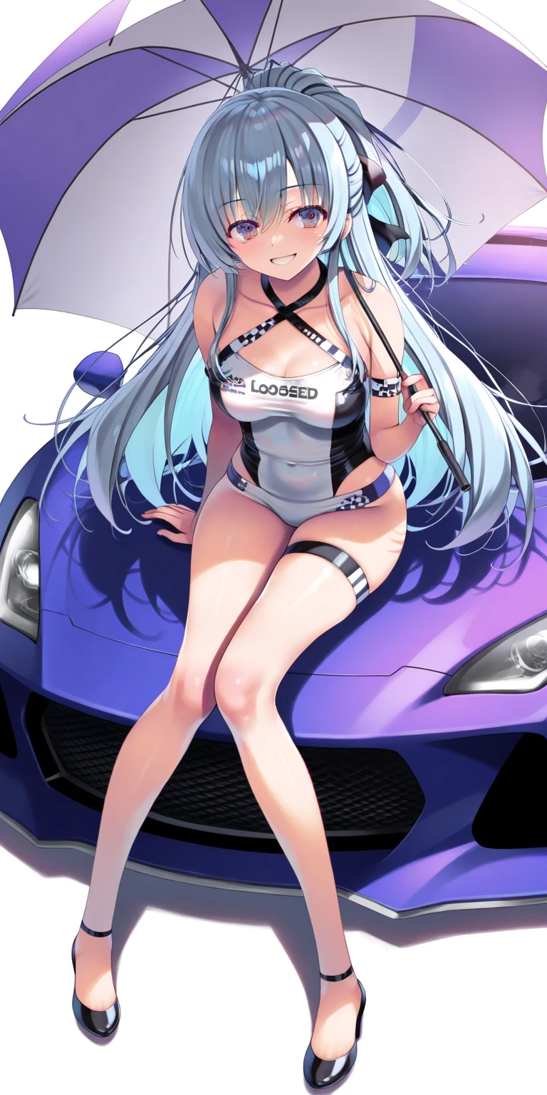 1girl, wide , , black hair, long hair, blue eyes, futuristic, machinery, science-fiction, tech, shoes, sneakers, neon trim, v-string, , black , black clothes, purple neon trim, full body, car, sports car, shy, blushing, blush, timid