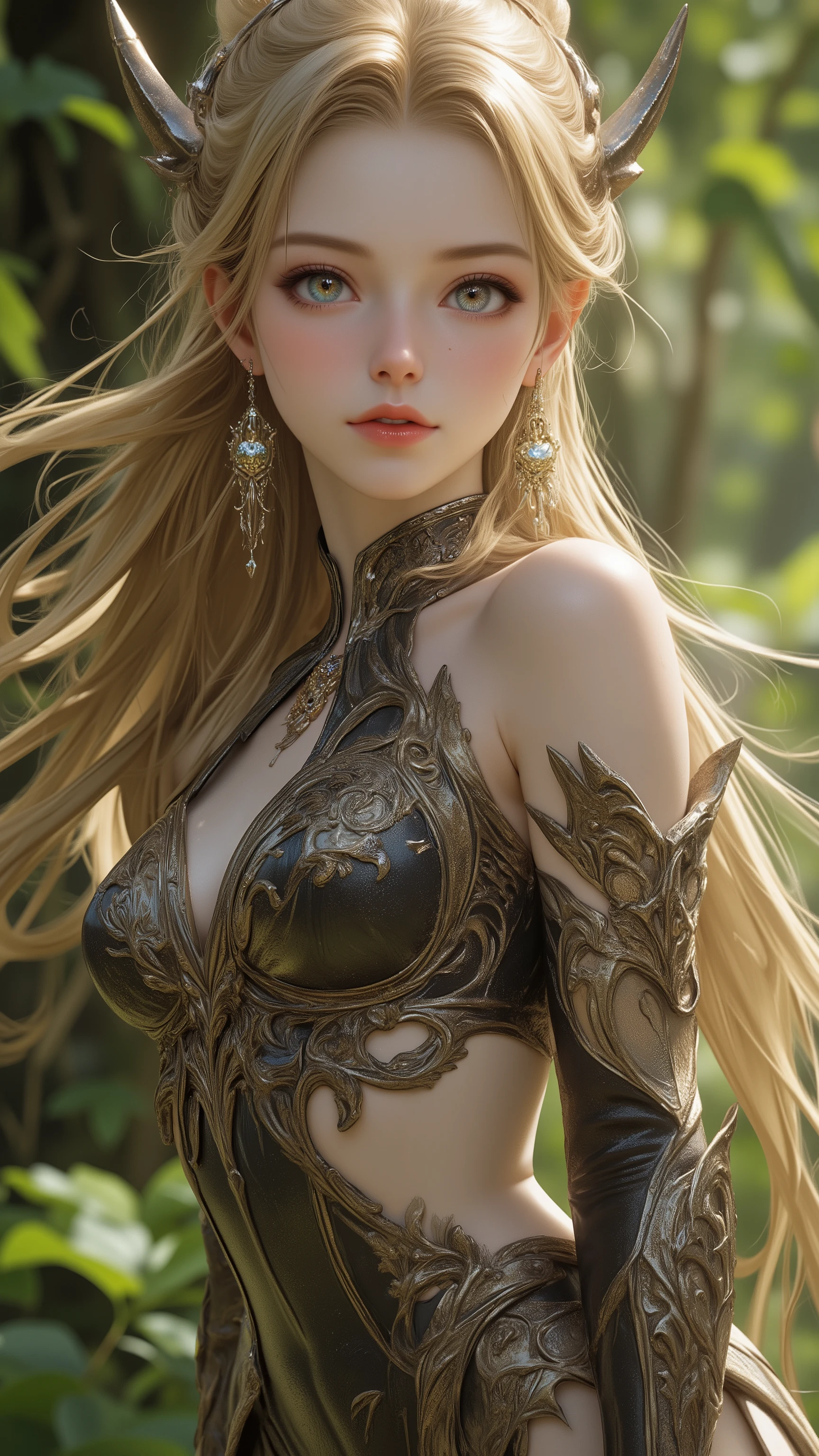 perfect proportions,masterpiece,Complicated Details, Exquisite Face,Artwork, best ,High Resolution, Fantasy Style ,High Resolution8K CG壁紙。
A beautiful female elf。 perfect appearance ,perfect figure。White and tall。flowing golden yellow long hair falls like a waterfall。Mature appearance,Looks about 30 years old。
Wear exquisite and elegant brown armor,sewn from animal fur cut and sewn。and green。Emphasizes the curves of her body。Emphasizes the curves of her legs。