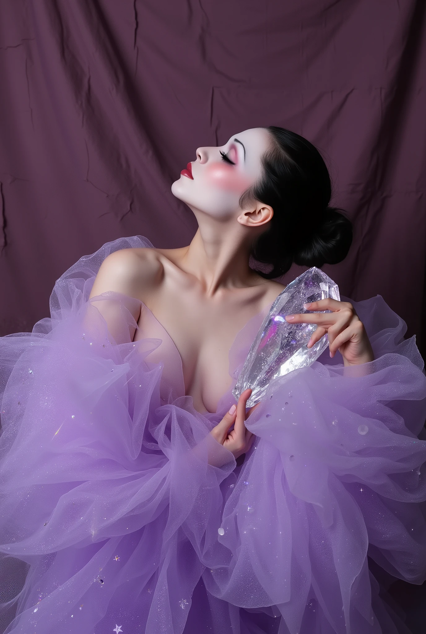 Wide view, dynamic perspective. Photography in the style of high fashion and art photography. Incredibly detailed, hyper-realistic, with cinematic lighting. The stage: A simple but elegant studio. The background is a huge, wrinkled, vintage silk the color of a dusty purple rose, forming broken, textured folds. Tiny specks of dust hang in the air, illuminated by rays of light, creating a feeling of haze and volume. Subject: A female model of mixed ethnicity (say, Scandinavian and Japanese features) with flawless, translucent, radiant skin. The model demonstrates flawless fantasy makeup. The pure and harmonious colors of the eye shadow contrast with the crisp black eyeliner and long curved false eyelashes. her body is wrapped in sparkling purple organza. Her pose is graceful and natural: she tilts her head back slightly, her eyes are closed, and her expression is blissful, meditative, and full of surrender to the moment. Her dark hair is pulled back in a casual but elegant bun, from where a few strands escape, sticking to her neck and temples. The key element: A diagonal beam of light from a large softbox gently falls on her skin (shoulder, collarbone, decollete), but the main source of magic is the play of refracted light. The model holds a large faceted glass prism. Another ray of studio light passes through it, which decomposes into a spectrum and casts a myriad of tiny, iridescent highlights on the model's skin, silk and fog — small rainbows that dance and shimmer like scattered gems. Color palette: Muted and elegant. The main tones are dusty pink, pearl, purple, purple, gray. Style and details: Macro-detailing of the skin, where its texture is visible, as well as decorative cosmetics products that enhance the natural glow. The focus is sharp on the highlights on the skin, the background and fog are soft.