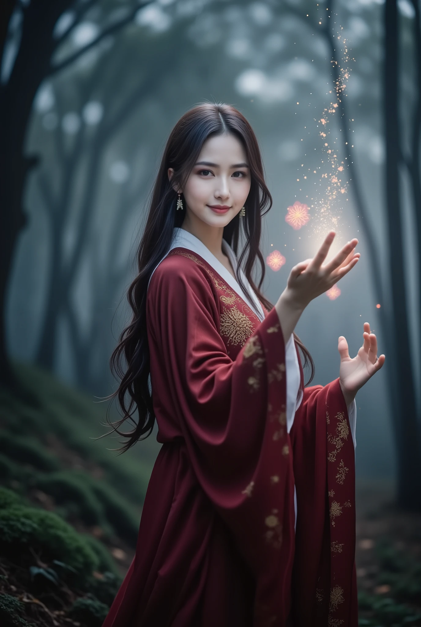 1,041 / 5,000
A highly detailed cinematic shot of an East Asian woman with long, wavy black hair, dressed in an elaborately embroidered red robe. She stands gracefully in the middle of a mysterious dark forest. A mist drifts gently through the air, creating a dark and mysterious atmosphere. The woman's serene expression reflects her calm concentration as she raises her hands, palms facing upwards, from which a bright, magical light emanates, illuminating her features. From this bright light, red mandala flowers float around, creating small, sparkling trails of light as they rise and flutter around her. The forest behind her is dense with tall, dark, ancient trees. The scene is enhanced with natural shadows and highlights that accentuate the depth of the environment. This cinematic shot was shot with a Sony A7 IV and Sigma 50mm f1.4 lens, resulting in a shallow depth of field that focuses on the woman and her magical light, while softly blurring the mystical forest background.

