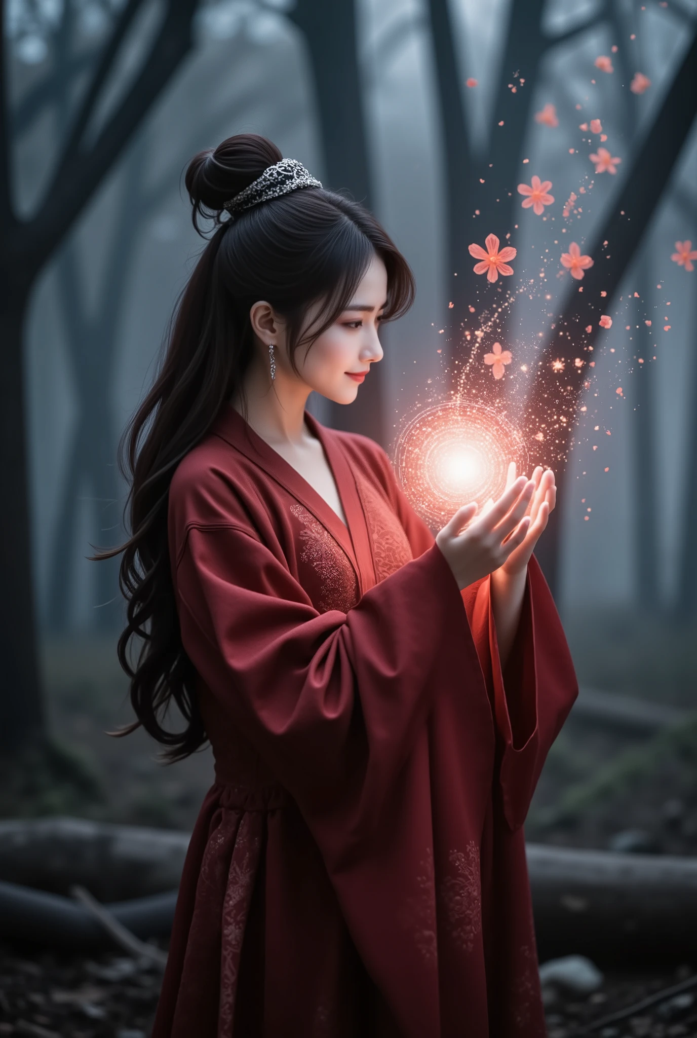 1,041 / 5,000
A highly detailed cinematic shot of an East Asian woman with long, wavy black hair, dressed in an elaborately embroidered red robe. She stands gracefully in the middle of a mysterious dark forest. A mist drifts gently through the air, creating a dark and mysterious atmosphere. The woman's serene expression reflects her calm concentration as she raises her hands, palms facing upwards, from which a bright, magical light emanates, illuminating her features. From this bright light, red mandala flowers float around, creating small, sparkling trails of light as they rise and flutter around her. The forest behind her is dense with tall, dark, ancient trees. The scene is enhanced with natural shadows and highlights that accentuate the depth of the environment. This cinematic shot was shot with a Sony A7 IV and Sigma 50mm f1.4 lens, resulting in a shallow depth of field that focuses on the woman and her magical light, while softly blurring the mystical forest background.