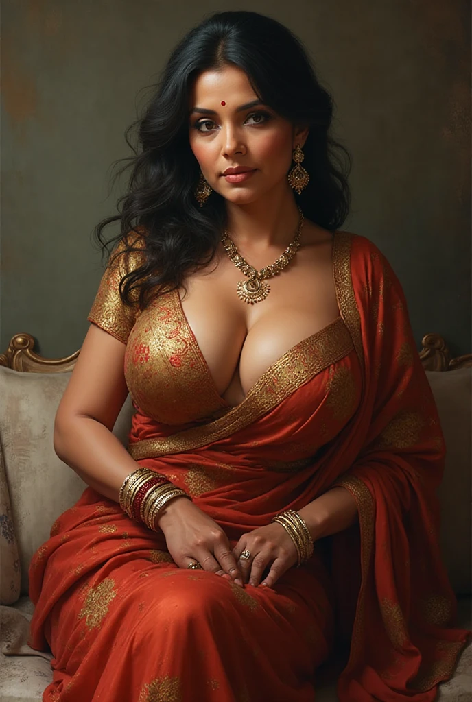 ((Indian 30 year old supermodel )),((dark brown toned skin)),((both eyes blue colour)),((brunette curly long hair)), sitting,side looking, plum roundish cheeks, having perfect round ,big wide ass,having hour glass figure,((looking straight to camera)),((Wearing elegant embroidery sleeveless indian traditional golden salwar kameez exposing cleavage)),((perfect round boobs)),((silky hair)),((4k quality,realistic high quality)),((nice curvy body)), ((perfect hands)), ((perfect legs)), ((perfect fingers)), ((smooth skin)),((in a mansion interior background photoshoot)),sensual expression