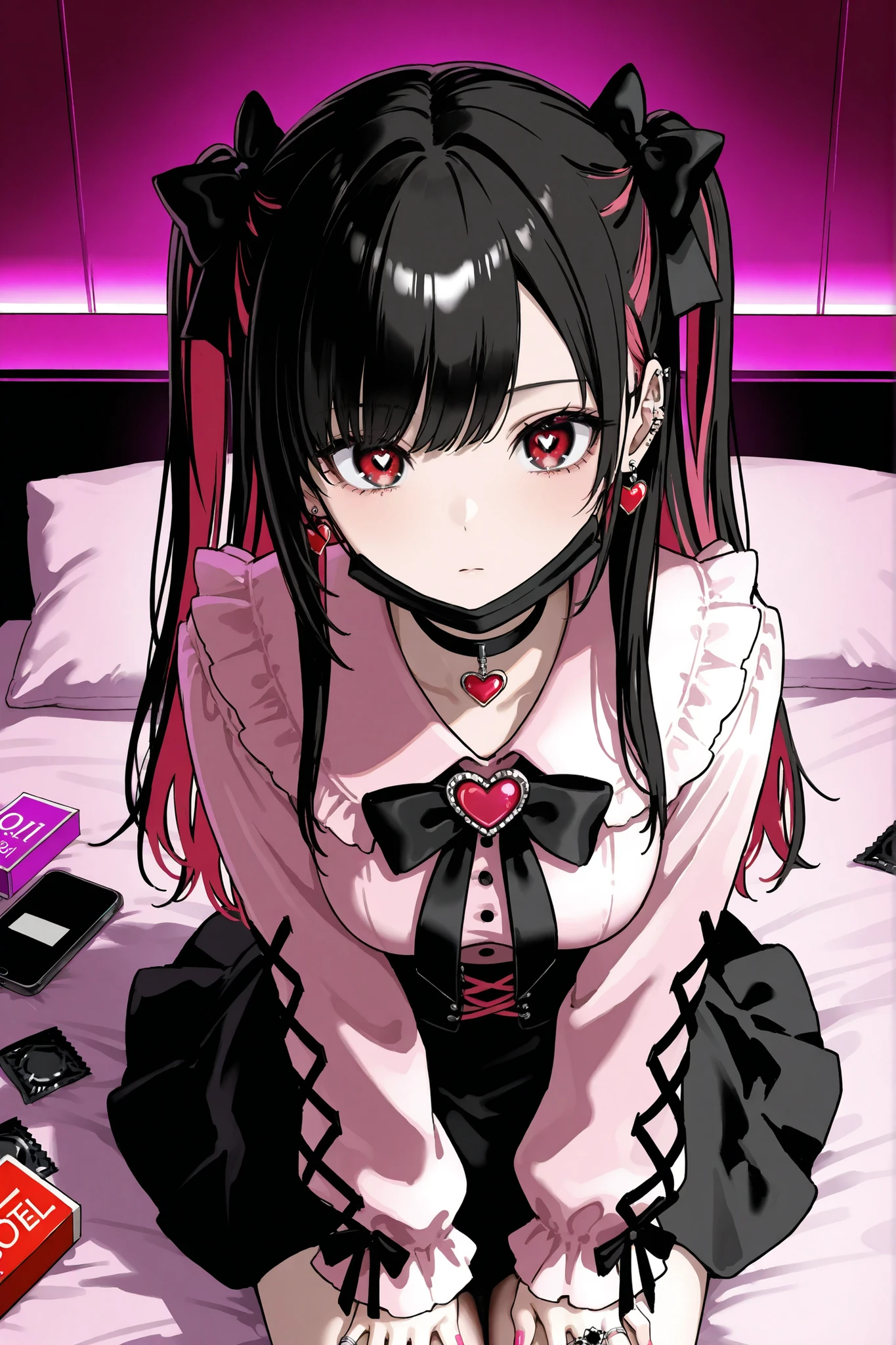 1girl,Watch Viewers, ((Faint Light:1.2)), , on bed, (hotel room, love hotel, pink wall, Pink Bed Sheets), (Condom Box, Okamoto condom 0.01), smartphone, BREAK 1girl, solo, (dark haired, pink hair, other rooms), long hair, On both sides, dark haired bow, red eyes, jirai kei, (Cross Race Clothes , pink shirt, long sleeve, frillsed sleeves), frills, black bow tie that pushes out the bottom, black skirt, heart brooch, heart earrings, ring, nail polish, PINK NAILS, Black nails, black mouse mask, black choker, expressionless
BREAK masterpiece,Highest Quality,great quality,IU 2,Photorealistic,high resolution,Newest,detailed eyes,Detailed Students,detailed clothing,Illustration,Official Art,Art Style,fantasic Illustration,Beautiful detailed eyes