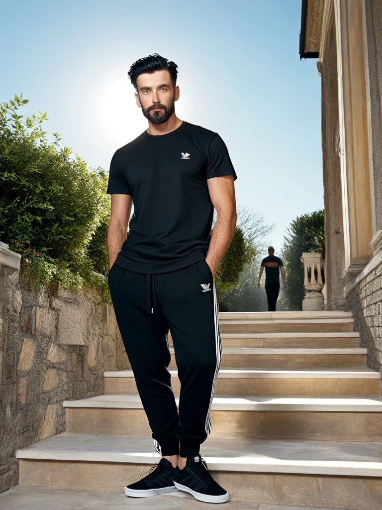 "Dark gray polo shirt with straight pants."