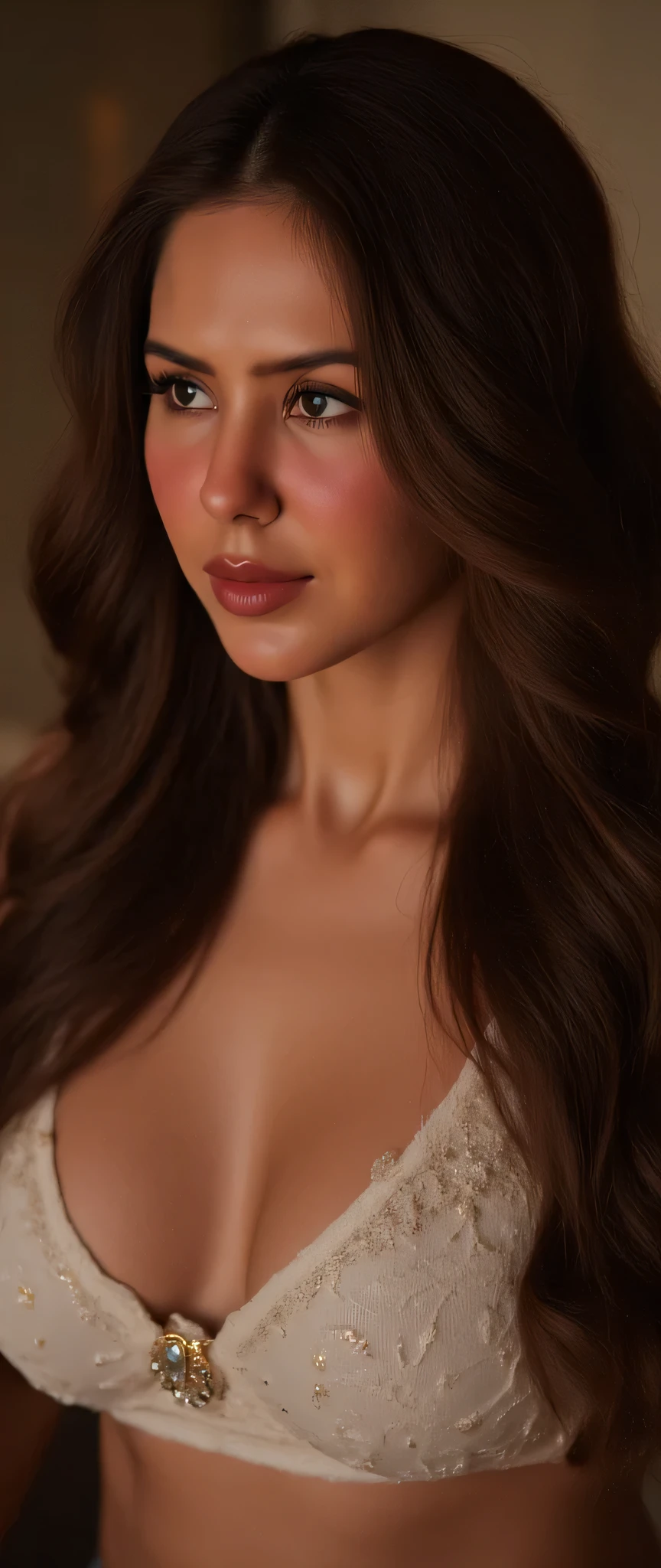  long hair style brown hair beautiful e and ,ultra-detailed, CG, unit, wallpaper 8k), (masterpiece), (realistic), (photorealistic: 1.2), (raw photo: 1.2), (best quality: 1.2), (detailed face: 1.4), (beautiful detailed eyes: 1.2), (detailed hair), light on face, huge file size, cinematic lighting, 1 girl, , , eyeliner, kawaii, student, long hair, brown hair,  ((wavy hair)), hair ornament, ((light blush)), ((soft under the eyes)), ((expressionless eyes)), blue eyes, (()), fashi-g, red lips, makeup, shirt lift, ((brown very deep neck sweater ), black knees, high heels, jewelry, earrings, necklace, looking at the viewer, depth of field, big  deep cleavage, beautiful face,mascara , front view ,  long hair style,  looks , deep cleavage  looks tight  show  looks deep 