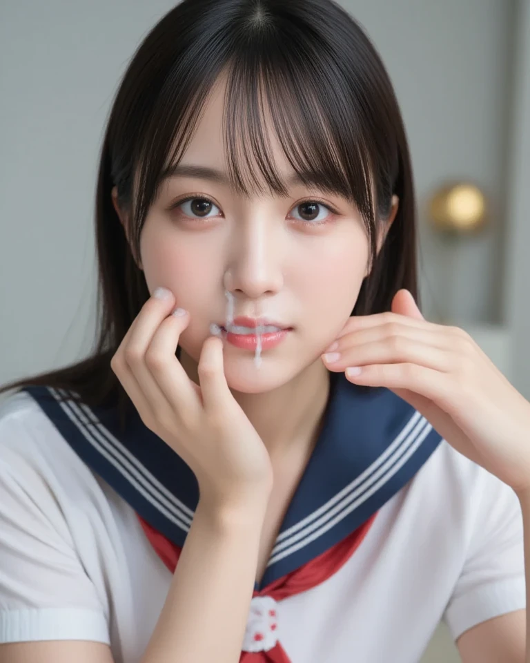 Young Japanese woman HD, images, realistic, photorealistic, masterpiece, high quality, intricate details, Professional Lighting, Alone, 1 girl , Age 15,cute, Idol, detailed face, attractive face ,Puzzled,sailor suit next to the eye, (Semen sticks to a girl's face:1.2), (Semen sticks to nose:1.2),(cloudy semen in the mouth:1.1), Studio,
