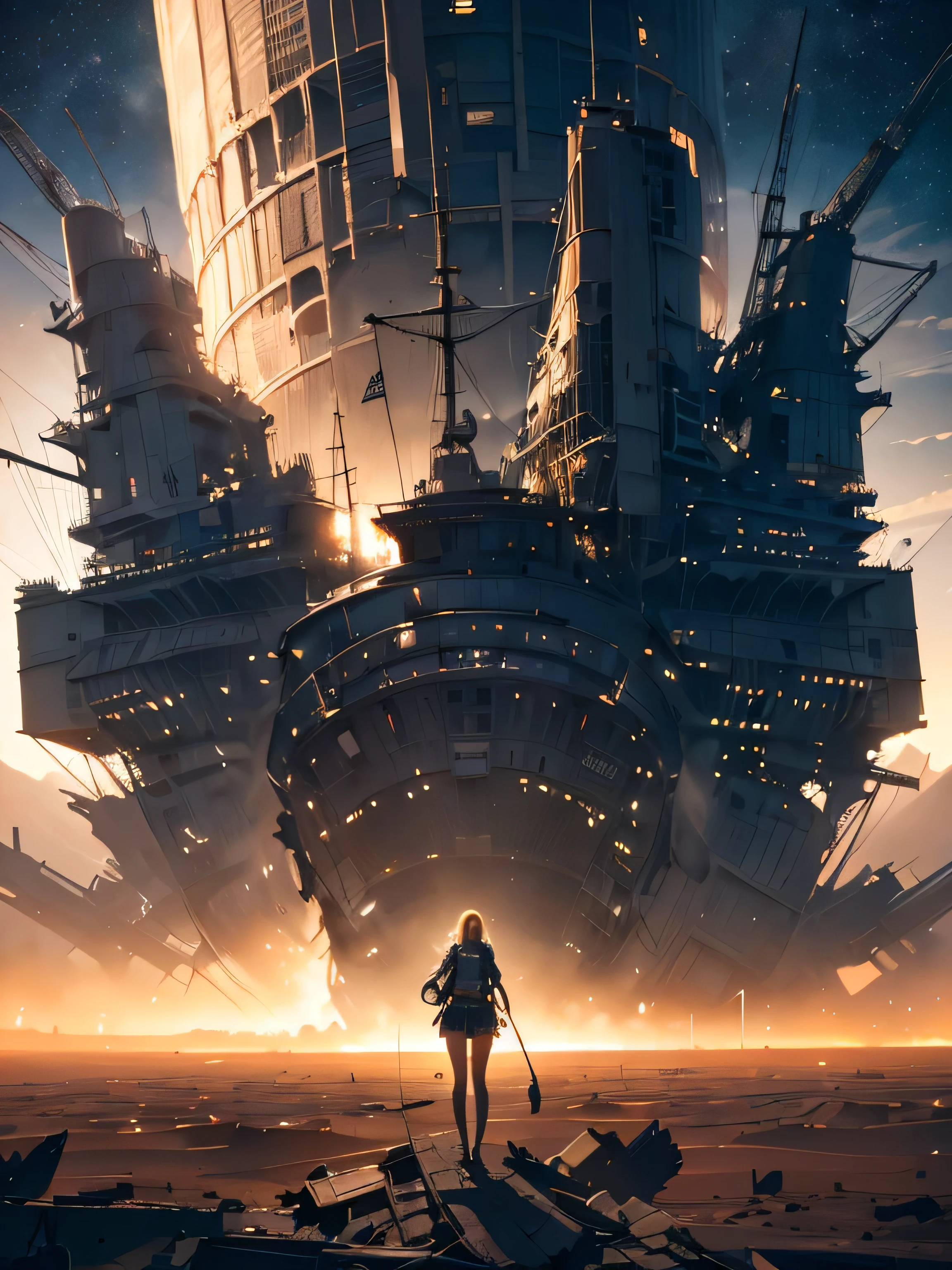 close-up of a woman in a space suit, standing in front of a destroyed ship, "  full length style,  concept art ,  1girl, dressed in a spacesuit,  Short skirt ,  The award-winning masterpiece , made in anime style with an oil painting effect . (Vivid illustration conveys the horror of the space atmosphere..  A wide photo of the desert area is shown in high resolution and an amazing 64K resolution)"