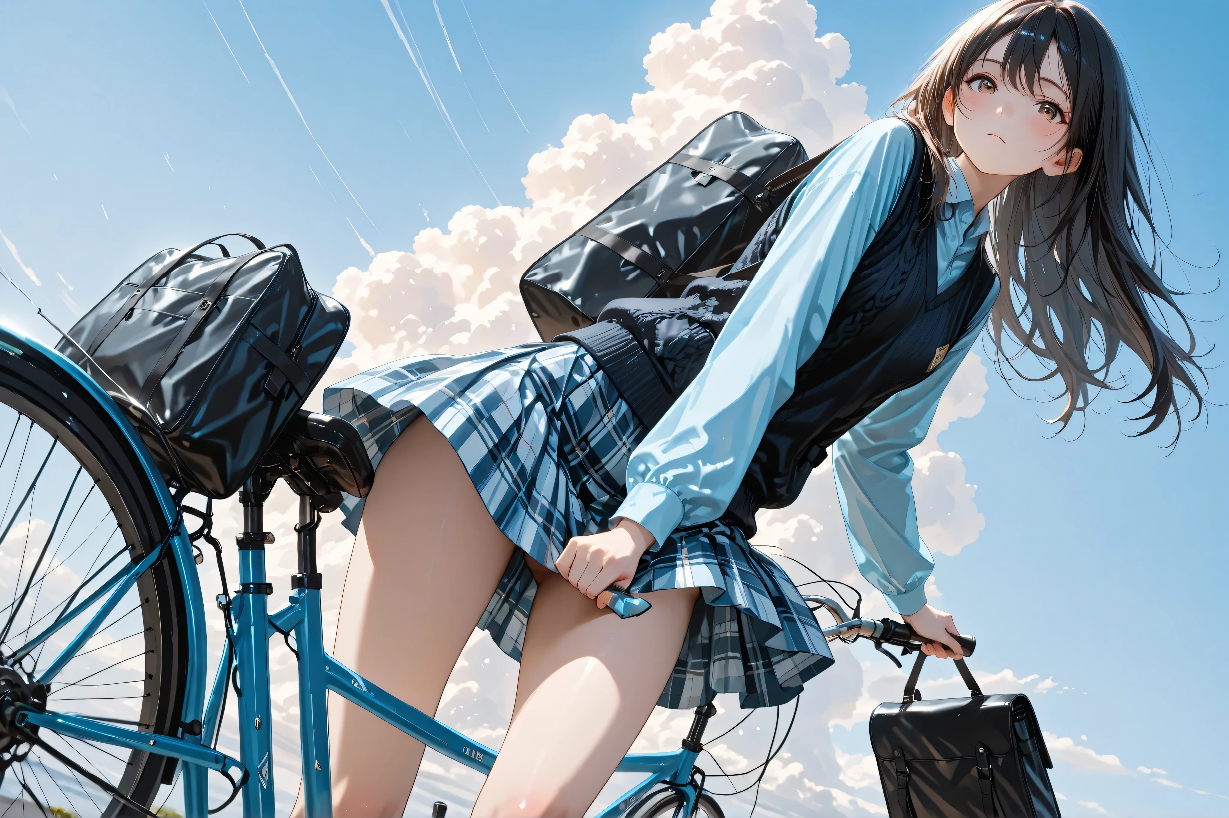 reflection, masterpiece, best quality, amazing quality, 1girl, school girl, solo, warm atmosphere, long sleeve light blue shirt, oversized black knit vest, plaid pattern lowleg mini skirt, no panties, white socks, expressionless, blush, looking at viewer, dynamic angle, from below, dark hair, long hairstyle, brown eyes, slender body, body blush, small breasts, ride on a bicycle, cowboy shot, blue sky, hair flutters in the wind, holding a school bag,