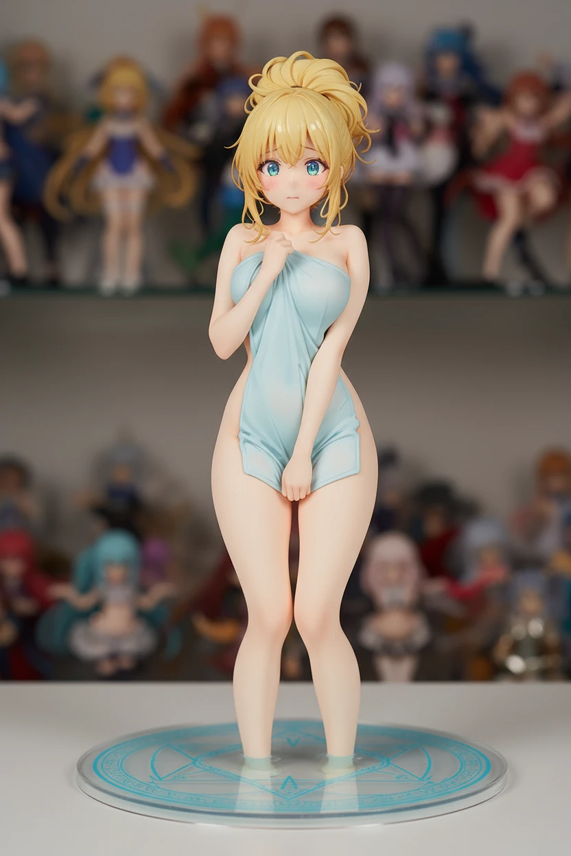 Please convert this illustration into a photorealistic PVC anime figure.
Accurately maintain the original character's design, pose, and color scheme.
Render it as a PVC plastic collector's figure, expressing realistic painted surfaces and delicate shading.
Add glossy highlights to elements like hair and clothing, while giving skin areas a matte texture.
Include subtle seam lines characteristic of manufactured figures.
Position the figure on a circular display stand. Design the stand to incorporate motifs from the original illustration's background, casting soft shadows beneath it.
The background is blurred, depicting a shelf displaying figures and numerous figures.