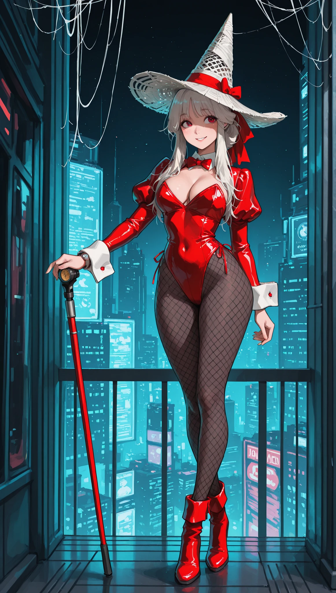 full body , cute beautiful girl, Beautiful Pretty Curvy Teenage Face , high leg red leather bunny suit, short bolero with black Juliet sleeves,big white cuffs,red bow tie,silk hat with a red ribbon,hanging on a long walking stick with jewels , long hair up to a gold waist, beautiful eyes. black fishnet stockings, red short ankle boots, Watch a girl standing in the background of a futuristic night cityscape,gentle smile