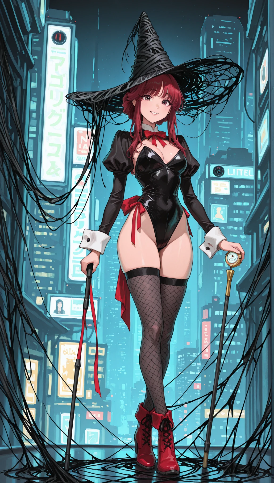 full body , cute beautiful girl, Beautiful Pretty Curvy Teenage Face , high leg red leather bunny suit, (((short bolero with black Juliet sleeves))),big white cuffs,red bow tie,(((viewers watch a girl in a black silk hat with a red ribbon))),hanging on a long walking stick with jewels , long hair up to a gold waist, beautiful eyes. black fishnet stockings, red short ankle boots, standing in the background of a futuristic night cityscape,gentle smile