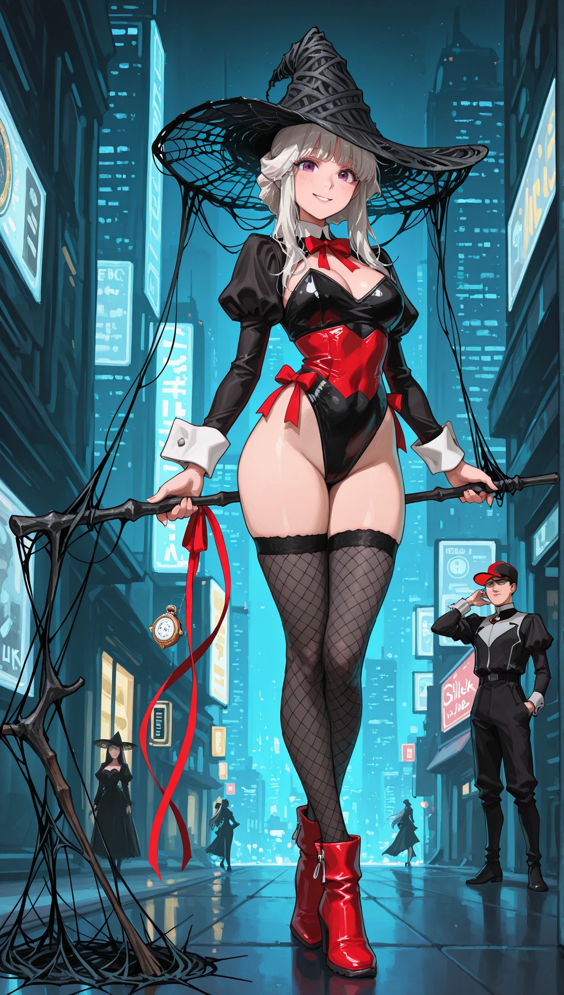 full body , cute beautiful girl, Beautiful Pretty Curvy Teenage Face , high leg red leather bunny suit, (((short bolero with black Juliet sleeves))),big white cuffs,red bow tie,(((viewers watch a girl in a black silk hat with a red ribbon))),hanging on a long walking stick with jewels , long hair up to a gold waist, beautiful eyes. black fishnet stockings, red short ankle boots, standing in the background of a futuristic night cityscape,gentle smile