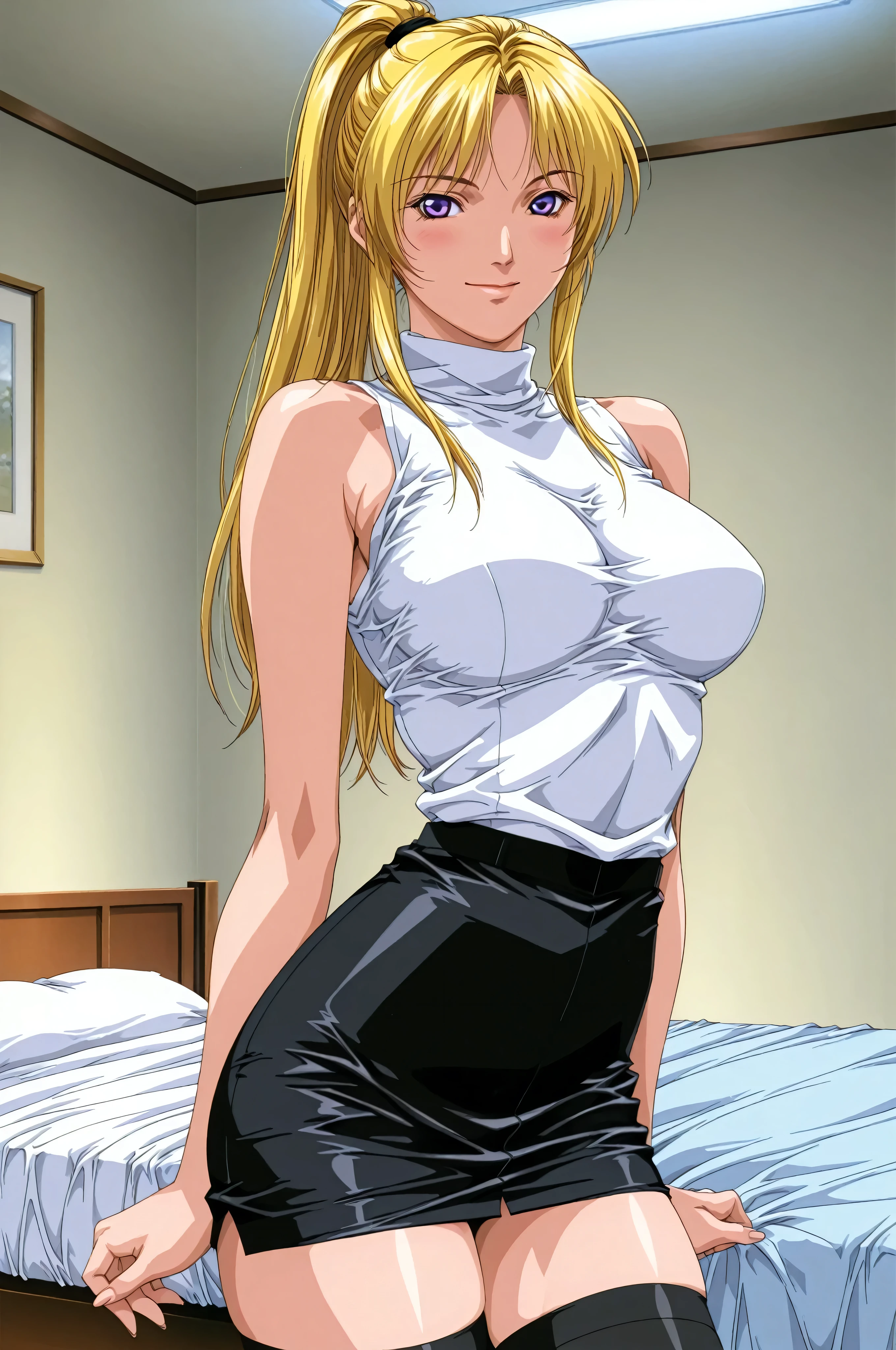 saeki,score_9, score_8_up , score_7_up , score_6_up , score_5_up , score_4_up ,source_anime,clip skip:2,official art,(anime:1.4),(masterpiece:1.3),solo,(18 years old:1.4),(young female:1.3)), (vivid color:1.3),slender face,high school students, Bright Lights,(very beautiful female body:1.4),(cowboy shot:1.4),( extremely accurate details,sup er high resolution:1.5),( High Definition CG Unity 8k :1.5),on back,day time,(white turtleneck:1.2),sleeveless turtleneck,,,,,,,,,,,,(black pencil skirt),,black thighhighs,,,,,,,,,,,,big eyes,(purple eyes:1.3),(feature large highlight:1.4),(bright front face lighting :1.3),(parted bangs:1.3), (tsurime :1.1),(beautiful woman:1.4),blush,(perfect female body:1.4),,long hair,(ponytail:1.4),,(arched back:1.3),(slender waist :1.3),(curve, model, attractive:1.4),(汗:1.4),( realistic , Highly realistic:1.5),(looking at viewer),,(slender:1.4),slender waist,( blonde hair:1.5), one girl,(large breasts:1.4),bed room,,smile,(pinup:1.4),