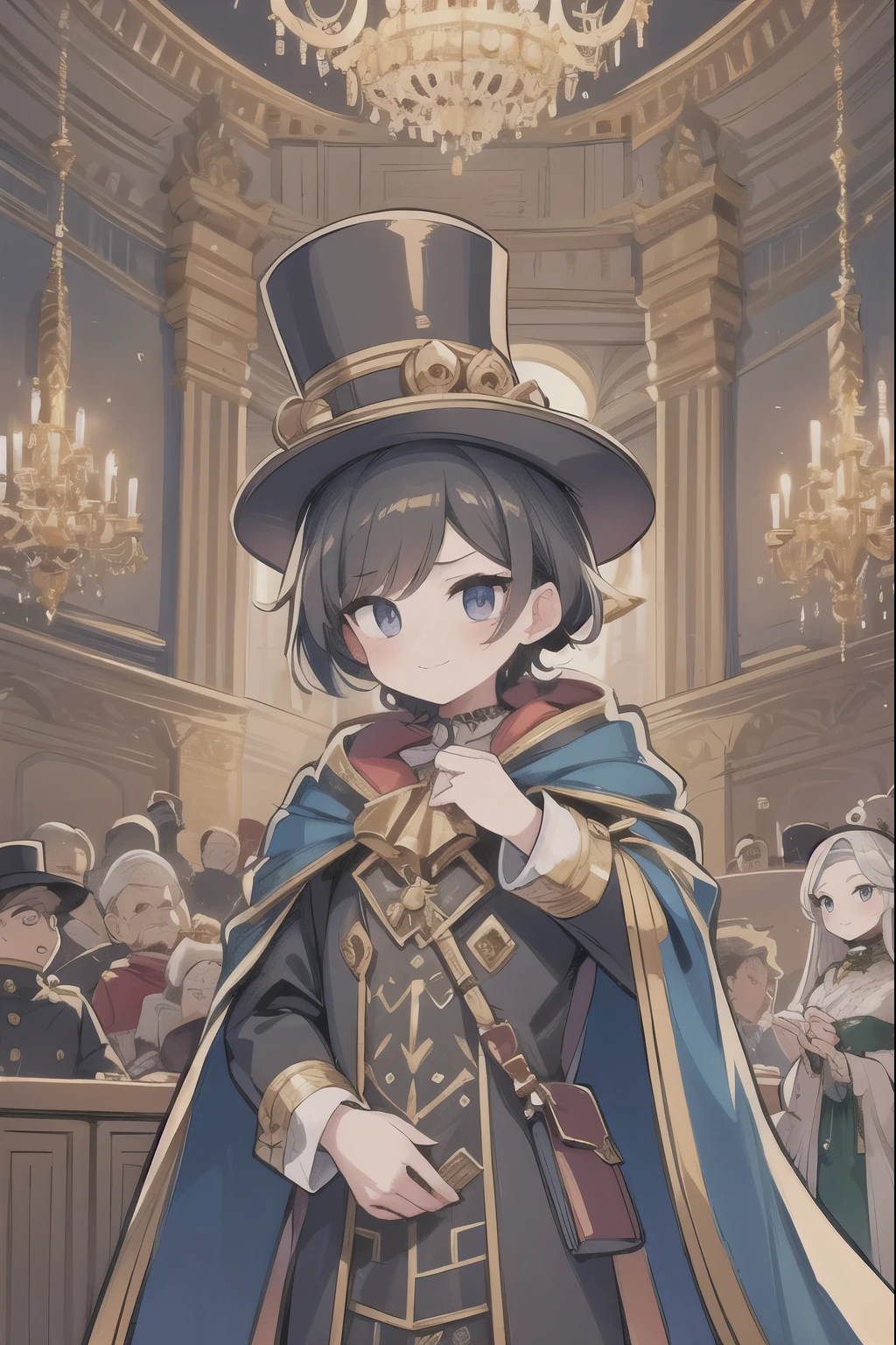 "Opera House Intrigue" Inside a grand opera house, a man in a tailored cloak and top-hat blends into the crowd. As chandeliers sparkle above, he gracefully pockets a diamond necklace from a noblewoman’s purse. His face is masked with charm and mystery, and his clothing is rich with baroque patterns and golden buttons.