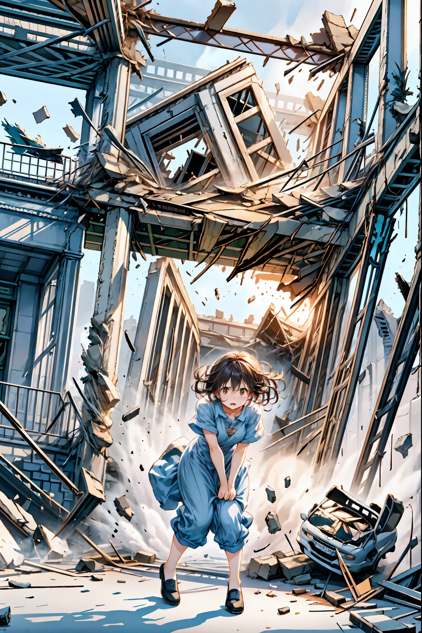 Super Powers Homeless、Psychic Standing Inside the Collapsed Building、stunned expression、Strenuous Posture、Destroyed environment、Dark and Desolate Atmosphere、4K ultra-high definition photo、REALISTIC TEXTURE、Horrifying Dark Tones、Ruins Concept Art、Photographic Rendering、Extreme Textures and Details、HDR、professional、Vivid Colors、The Blown Away Town、Collapsed Building