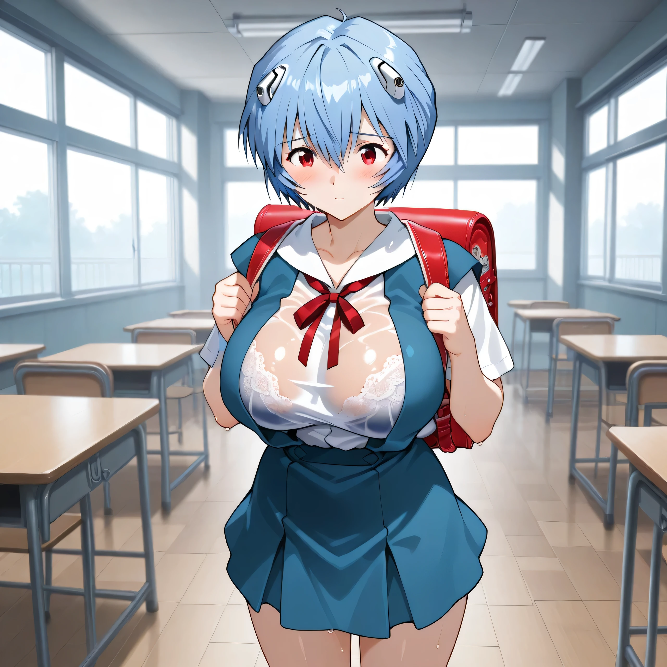 masterpiece,Highest Quality,great quality,one girl、big-breasted kids、infant figure、Short Height、small、Slender legs、Short legs、5 heads、young Ayanami Rei, blue hair, short hair, Detailed Eyes、red eyes, skirt, shirt, ribbon, School Uniform, white shirt, short sleeve, red ribbon, neck ribbon, tokyo-3 middle School Uniform, Indoor, classroom, Blush、I can see through my blouse and see my bra、(huge breasts:1.4)、Clothes That Are Wet and See-Through、lace bra、wet panties、embarrassing expression、backpack