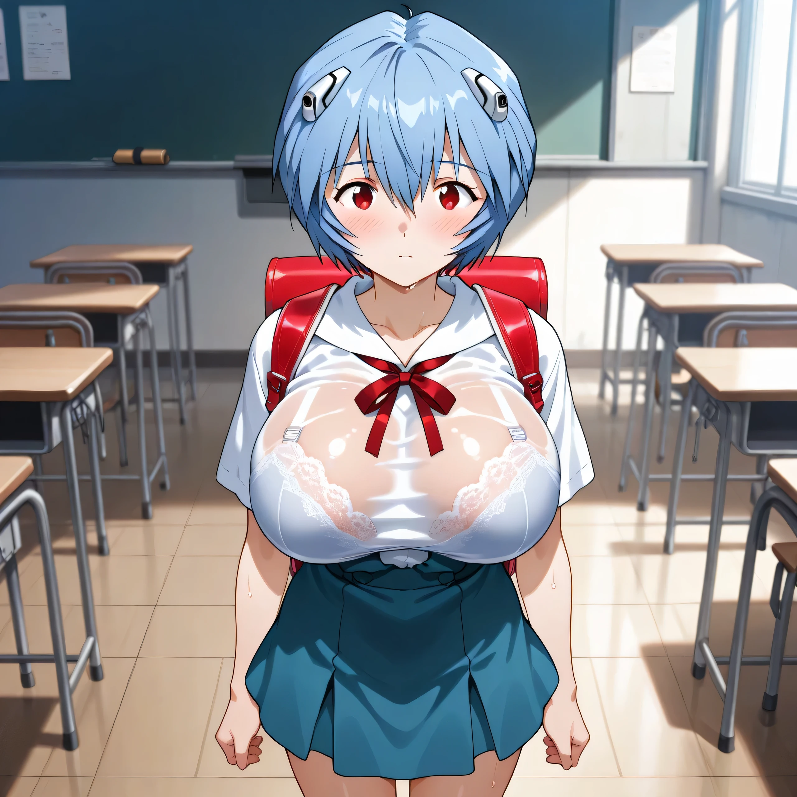 masterpiece,Highest Quality,great quality,one girl、big-breasted kids、infant figure、Short Height、small、Slender legs、Short legs、5 heads、young Ayanami Rei, blue hair, short hair, Detailed Eyes、red eyes, skirt, shirt, ribbon, School Uniform, white shirt, short sleeve, red ribbon, neck ribbon, tokyo-3 middle School Uniform, Indoor, classroom, Blush、I can see through my blouse and see my bra、(huge breasts:1.4)、Clothes That Are Wet and See-Through、lace bra、wet panties、embarrassing expression、backpack