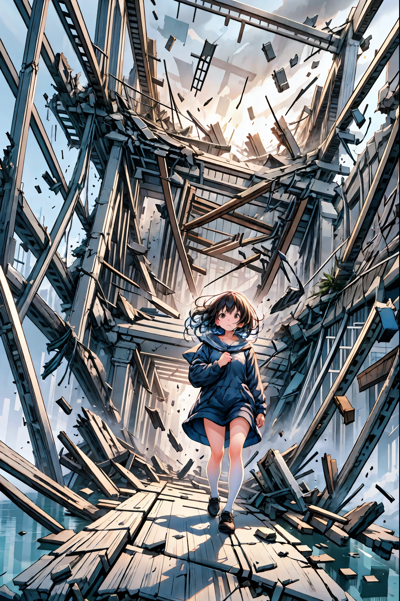 Super Powers Homeless、Psychic Standing Inside the Collapsed Building、stunned expression、Strenuous Posture、Destroyed environment、Dark and Desolate Atmosphere、4K ultra-high definition photo、REALISTIC TEXTURE、Horrifying Dark Tones、Ruins Concept Art、Photographic Rendering、Extreme Textures and Details、HDR、professional、Vivid Colors、The Blown Away Town、Collapsed Building