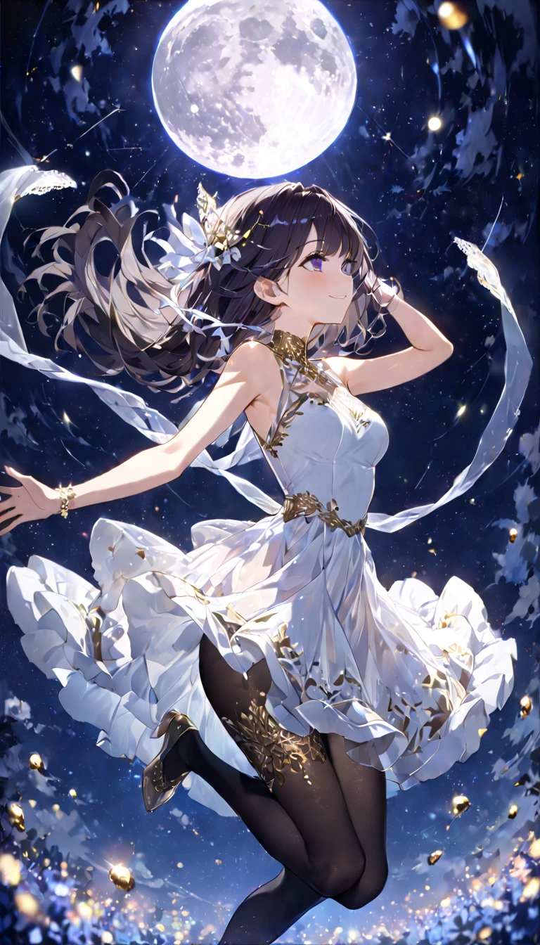 (masterpiece、Highest quality、8k、High resolution)、1 female、Beautiful eyes with slit length、Cute lips、Beautiful Nose、Brownish black hair、smile、(Best anime girl)、Green grassland with forest view、Walking,Colorful flowers blooming in the field,A bright night with the stars clearly visible、milky way、Mysterious light particles from the whole body、Colorful light particles、A mysterious light shining around your head、melt、jewelry、necklace、White lace dress、(Beautiful full body style)、Highly detailed anime art、A complete portrayal、