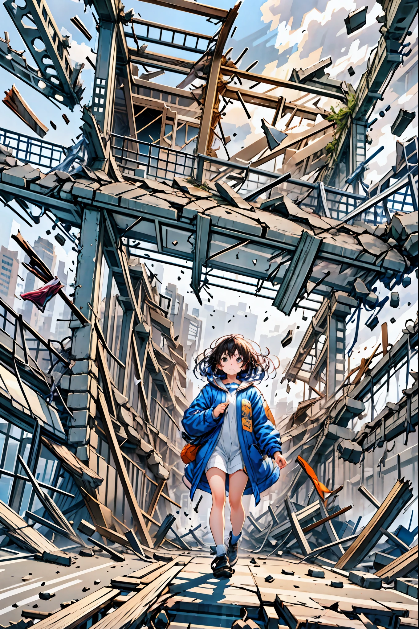 Super Powers Homeless、Psychic Standing Inside the Collapsed Building、stunned expression、Strenuous Posture、Destroyed environment、Dark and Desolate Atmosphere、4K ultra-high definition photo、REALISTIC TEXTURE、Horrifying Dark Tones、Ruins Concept Art、Photographic Rendering、Extreme Textures and Details、HDR、professional、Vivid Colors、The Blown Away Town、Collapsed Building