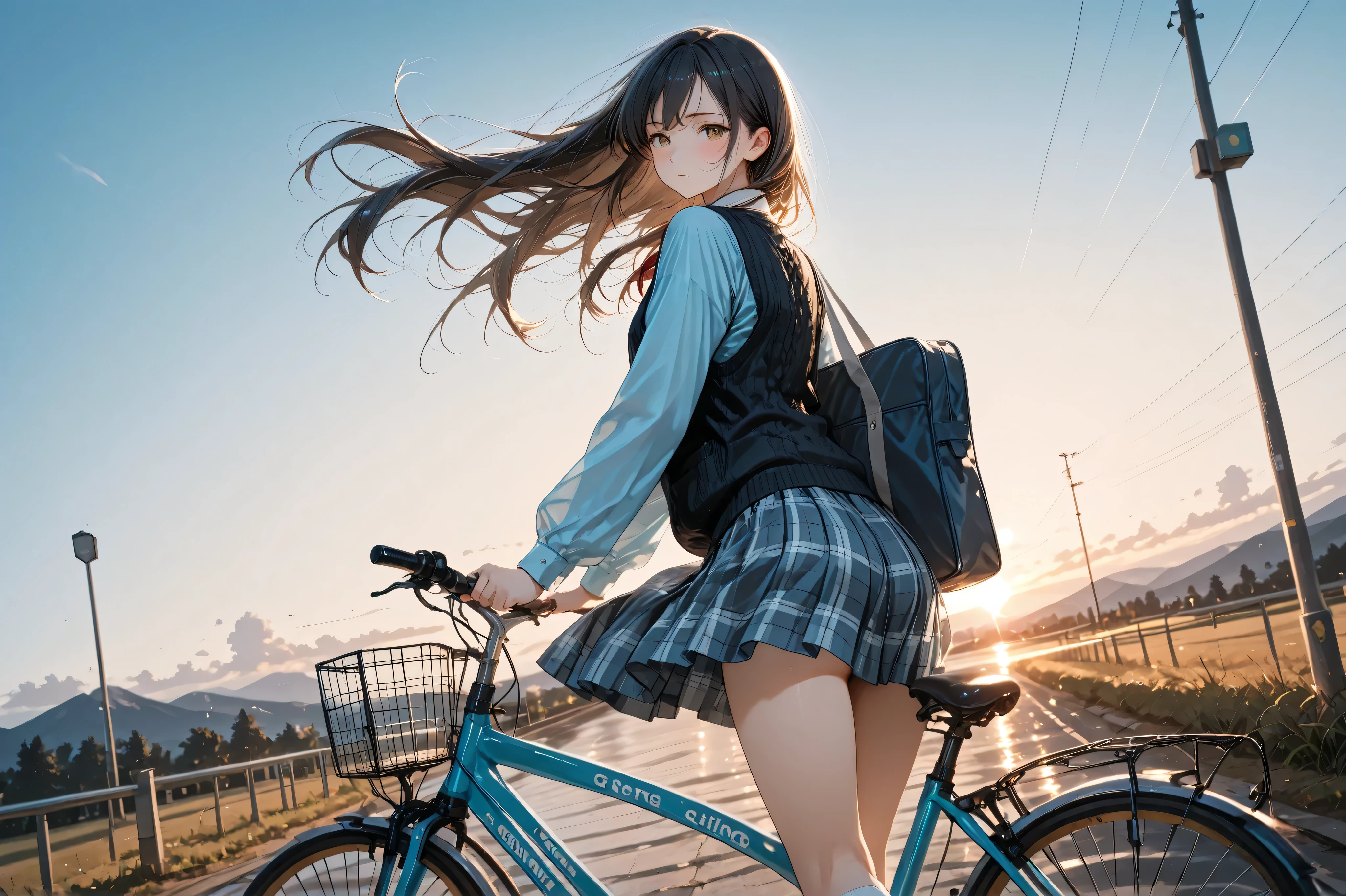 masterpiece, best quality, amazing quality, 1girl, school girl, solo, warm atmosphere, long sleeve light blue shirt, oversized black knit vest, plaid pattern lowleg skirt, white socks, expressionless, blush, looking at viewer, dynamic angle, from behind, dark hair, long hairstyle, brown eyes, slender body, body blush, small breasts, ride on a bicycle, cowboy shot, blue sky, hair flutters in the wind, holding a school bag,