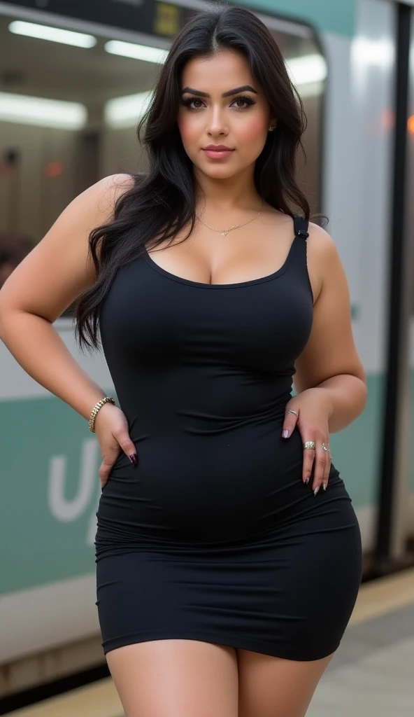 a woman in a black dress standing in a field, she is wearing a black dress, thicc, she has a jiggly fat round belly, wearing a tight black dress, cute black dress, wearing a black dress, wearing black dress, black dress, she is wearing a black tank top, ???? dress, giant stunning goddess shot, in a dress, chubby massive thighs 