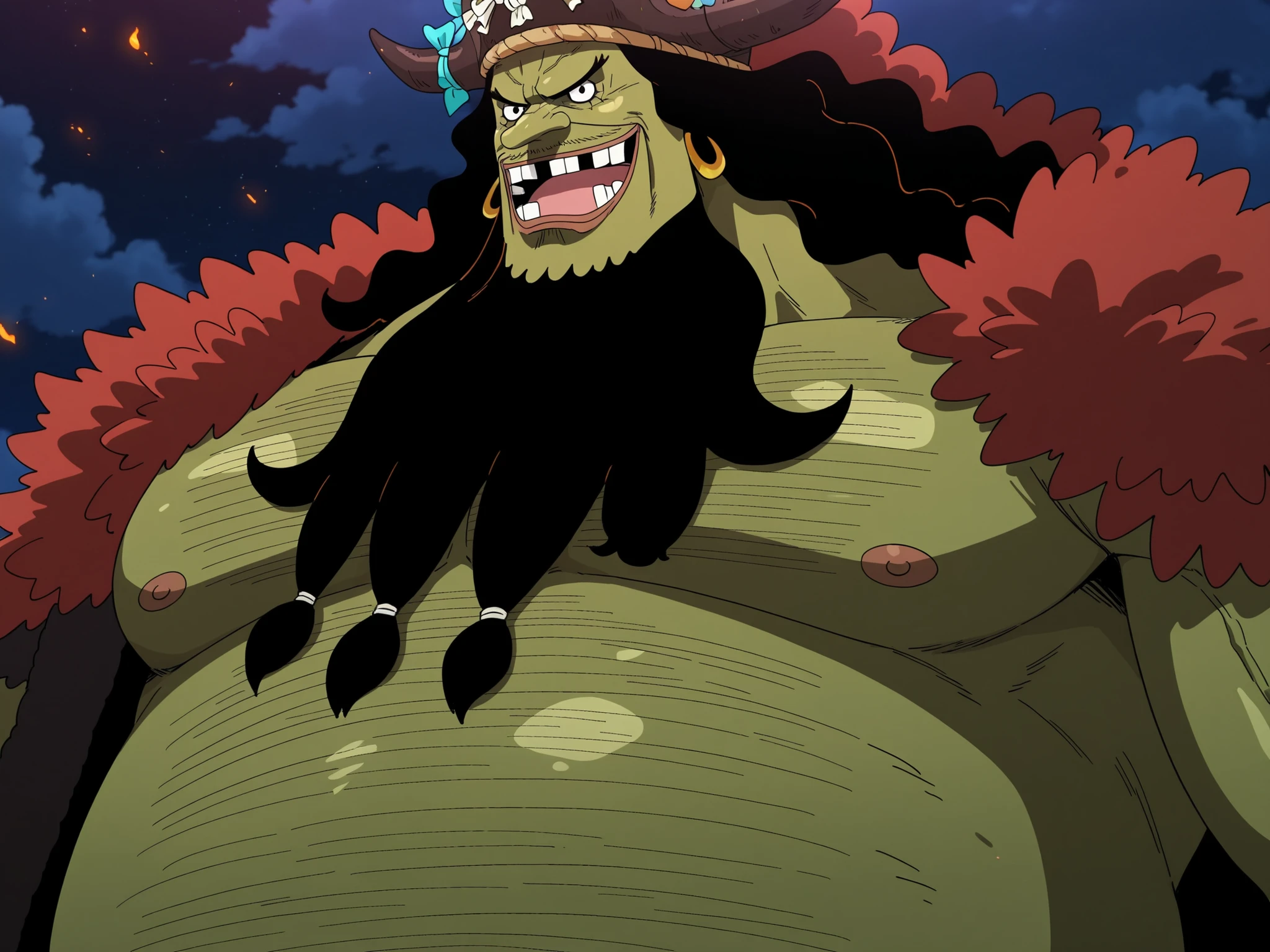 neon shading, anime screencap, NDAN_SB ,marshall d teach, male missing tooth, black eyes, black beard, long hair male, long nose, hairy man, fat man, huge man, eyelashes, dark-skinned male, facial hair, ugly man,,solo, ((Marshall D. Teach)), ((Marshall D. Teach as a viking orc)), ((green skin)), viking fur robe, black eyes, Blackbeard , Long Nose, Fat Man, Giant Male, ((viking helmet)), ((Marshal D. Teach's face)), perfect face, belly showing