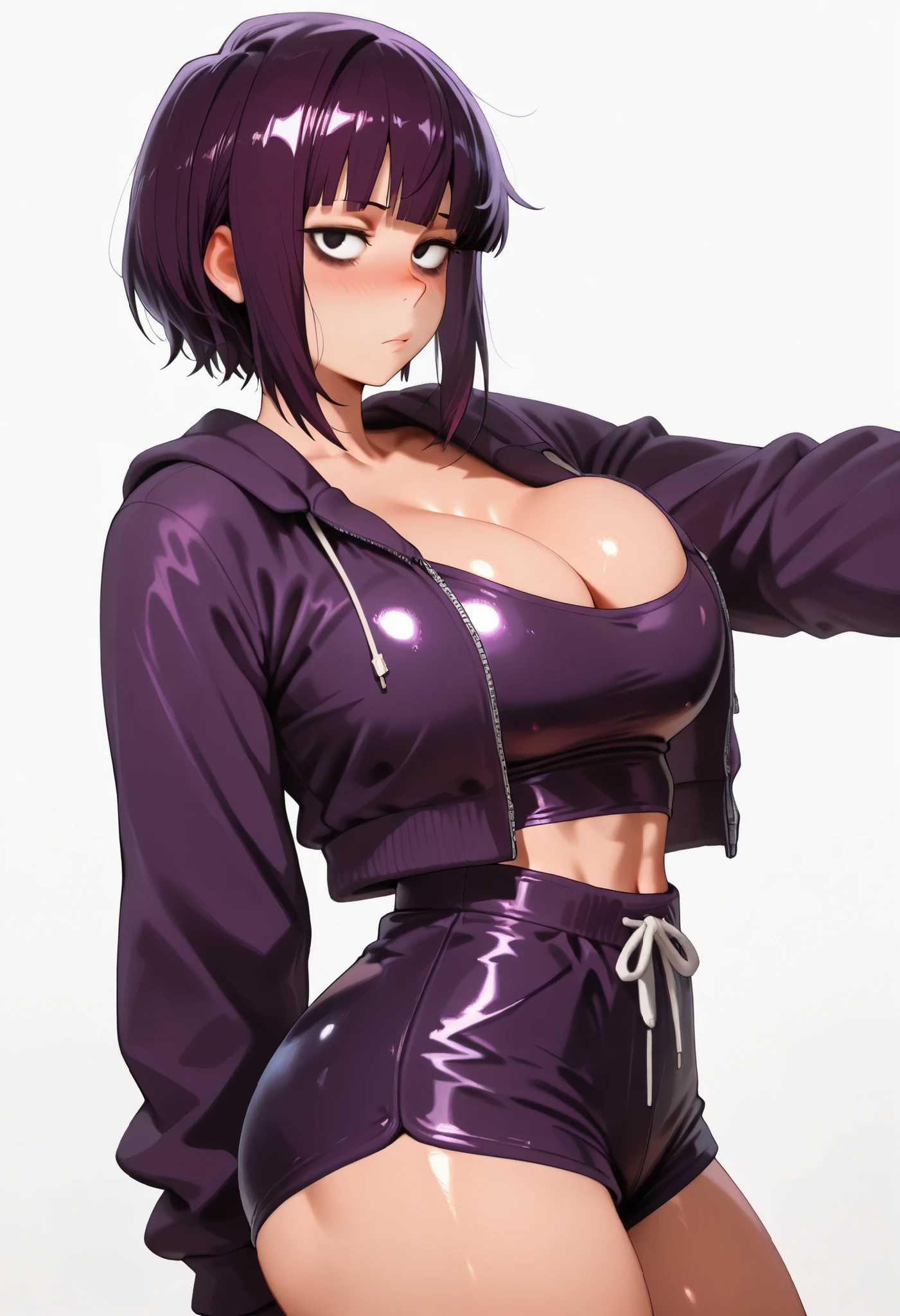 masterpiece, high quality, detailed 1girl, jirouSDXL jirou kyouka short dark purple hair black eyes, BIG BREASTS , shiny skin, shiny hair, shiny body, clear body, white background, empty background, ,, , DYNAMIC POSE , white background, empty background, BAGS UNDER EYES, LARGE BREASTS,, STANDIN UPRIGHT, COWBOY SHOT, POSING, cleavage, CLEAVAGE, BIG ASS, shiny skin, shiny hair, shiny body, clear body, white background, empty background, standing, nice legs, looking at viewer, nose blush, shiny legs, shiny body, shiny hair, clear skin, clear body,, solo, thick thigh, thick thighs, solo, female, large breasts, open hoodie, crop top, shorts,open hoodie, crop top, shorts,,open hoodie, crop top, shorts,,,,open hoodie, crop top, shorts,