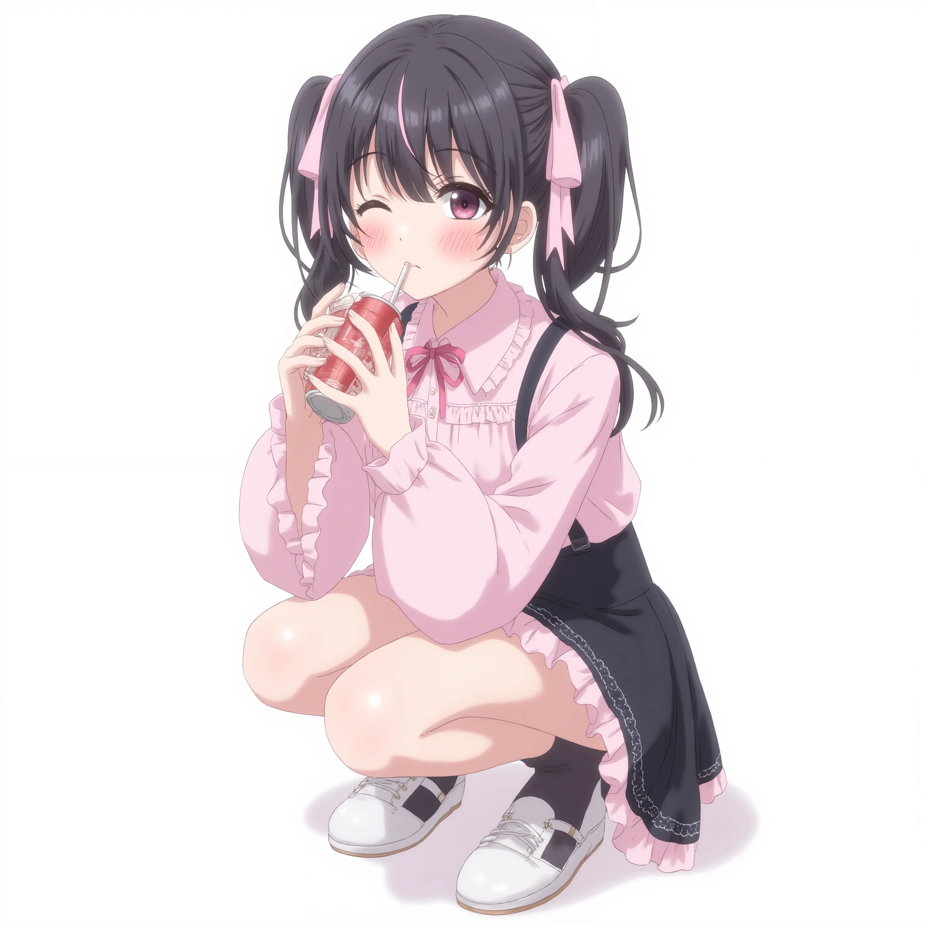 (Watercolor:0.4),(pastel color holding a banana:0.4),1girl, dark hair with light pink highlights, Long Twin Tails,squat,blush,tilts one's neck,Pink Frilled Blouses, Black Suspender Skirt, ribbon, Black Lace Details, pink and black color scheme, cute japanese fashion ,white simple background,Watch Viewers, Can Drink with Straws ,Holding a Can,full body
,masterpiece,Highest Quality,great quality,