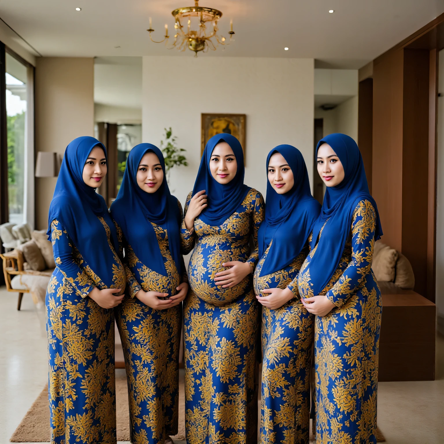 Professional photography group consisting of (6) Indonesian pregnant hijab women , who wears matching clothes with matching blue and yellow batik patterns, Posing in a very luxurious living room with a completely transparent interior design adds beauty to every part of the living room and a beautiful and attractive feel.. ultrahd+ , realistic, looks authentic, dramatic scene, <xml><input>cinematic, forward focus view