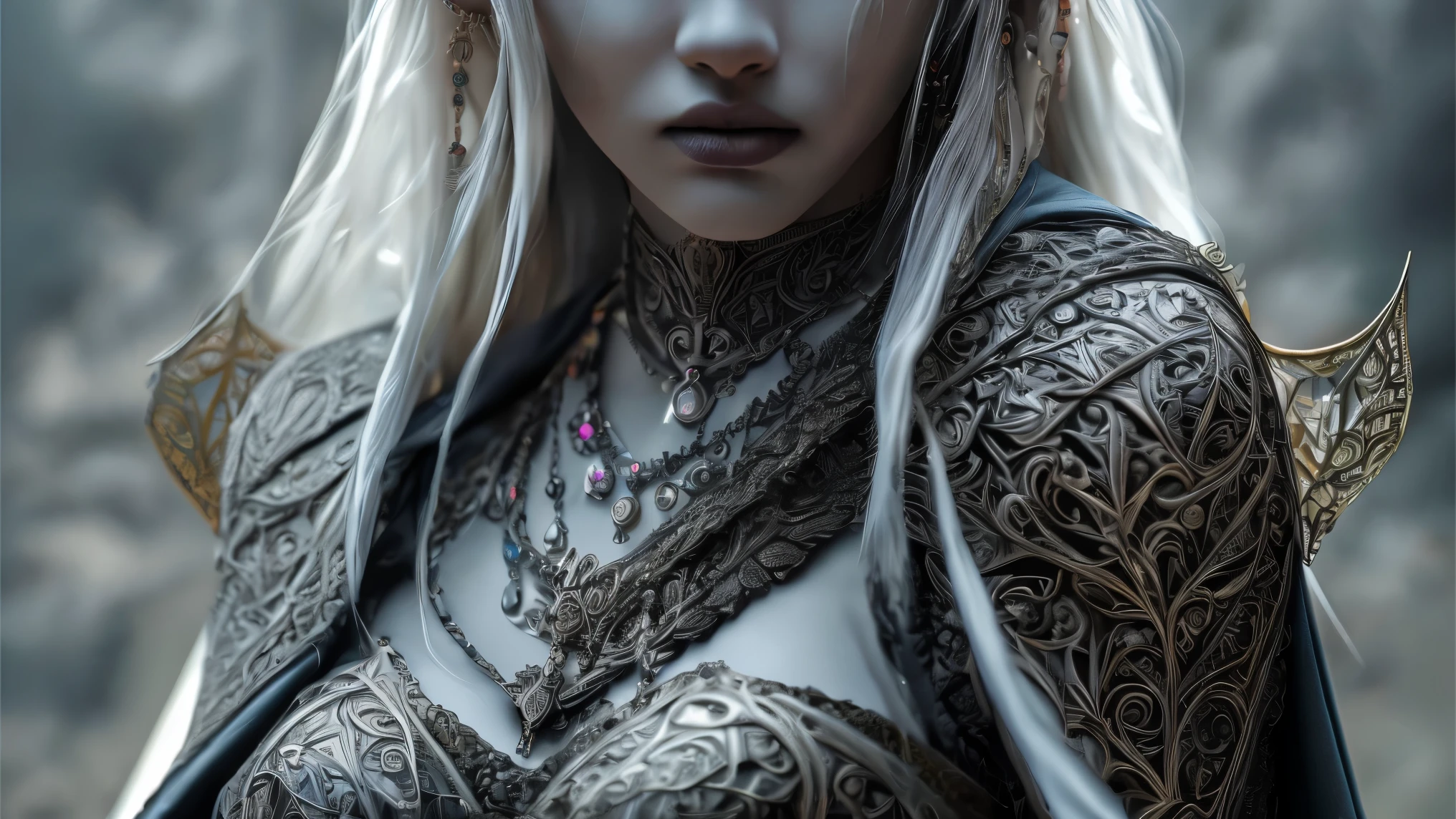 Raw photo, (masterpiece:1.3), subsurface scattering, dense shadow, (high quality:1.4), (intricate atmospheric volumetric fog, Highly detailed:1.2), professional photography, HDR, high dynamic range, realistic, ultra realistic, photorealistic, vibrations with high resolution, cinema photography, lighting ambient, atmospheric effects, GeneralDetails, female warrior drow, dark makeup, intricate atmospheric volumetric fog plate and chainmail armor, jewelry, raincoat, wreath , epiCPhoto