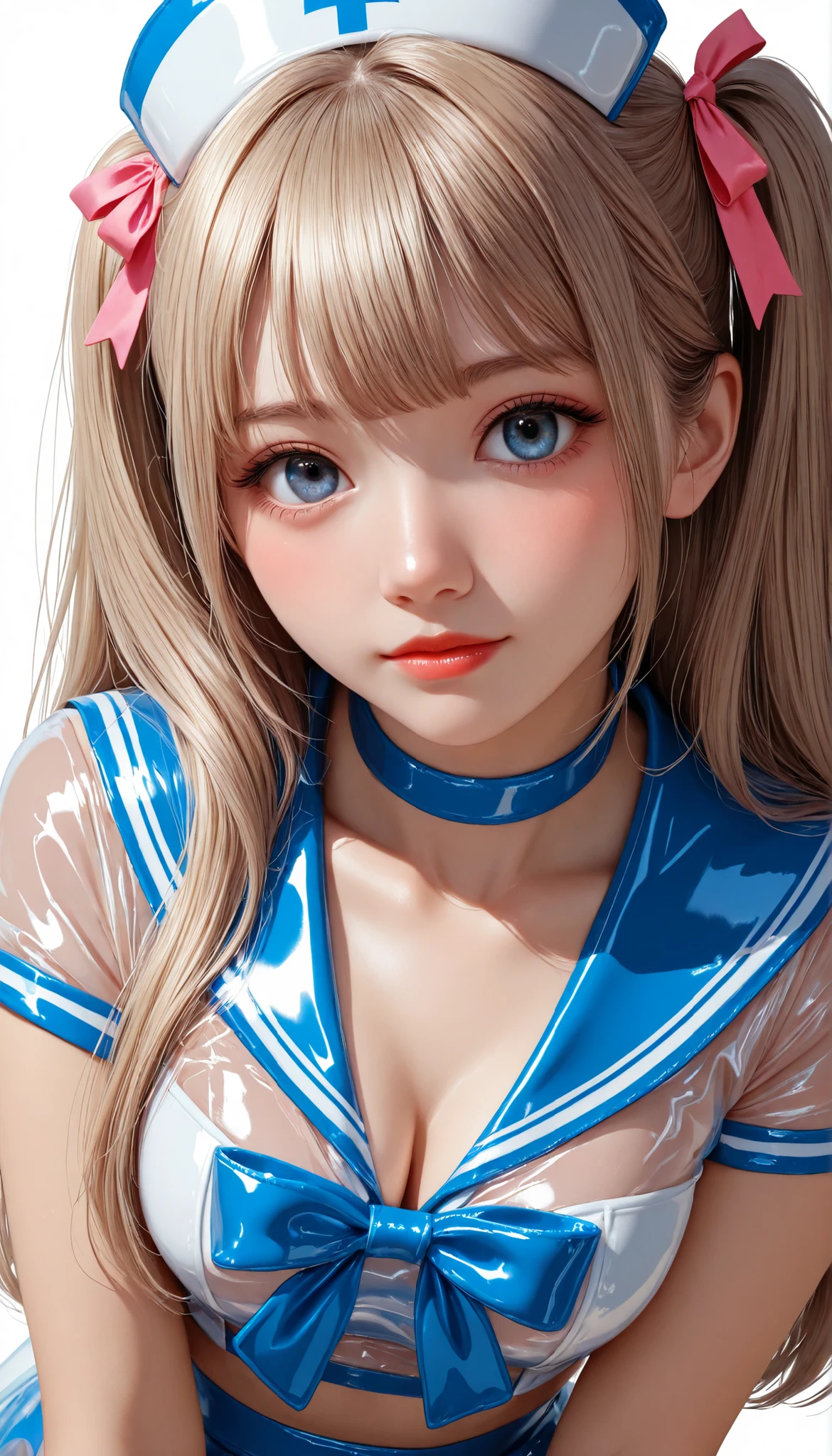 ("light brown hair color that faces the front naturally,Twin Tail Hair"),
("Transcendental Cuteアイドルフェイス"),
("Wear an ultra-clear lateX sailor costume that is all over the short sleeve,wear the most clear lateX clear lateX clear pink ribbon"),
("Wear an Ultra Clear LateX See-through LateX Sailor Costume Style {X} Wear an Ultra Clear LateX See-through LateX Sailor Costume Style {X} Short Sleeves Super Clear See-through LateX,wear an ultra-clear lateX see-through sailor top with the full surface of the short sleeve,wear an ultra-clear clear lateX see-through clear blue sailor miniskirt with the highest transparency on the entire surface of the ultra-transparent clear clear blue"),
("ultra real super clear see through sailor costume style"),
("with the Most Transparent Background"),
masterpiece, photorealistic, Impressionism, Very detailed, depth of field, dynamic lighting, Highest Quality, very aesthetic, 8k, Highest Quality, Clear Focus,
realistic.
1girl, gal idol, beautiful ,Frontal position と顔,
("Highlights Super Clear Ultra Clear ,Best Ultra Realistic Ultra Clear TeXture"),
("Facing Front,Frontal position "),
("Transcendental Cute顔,Transcendental Beautiful Girl"),
("Clear Eyes,small face,EXtremely beautiful,Transcendental Cute"),
("cute double eyelids, thin eyebrows,closed mouth"),
("blonde and pink hair"),
("Super Clear Nurse Female"),
("brightest lighting and light、It is shot in an ultra-clear space"),
bang. Real skin,
shot from the front, face focus,
on a bra, dynamic angle.