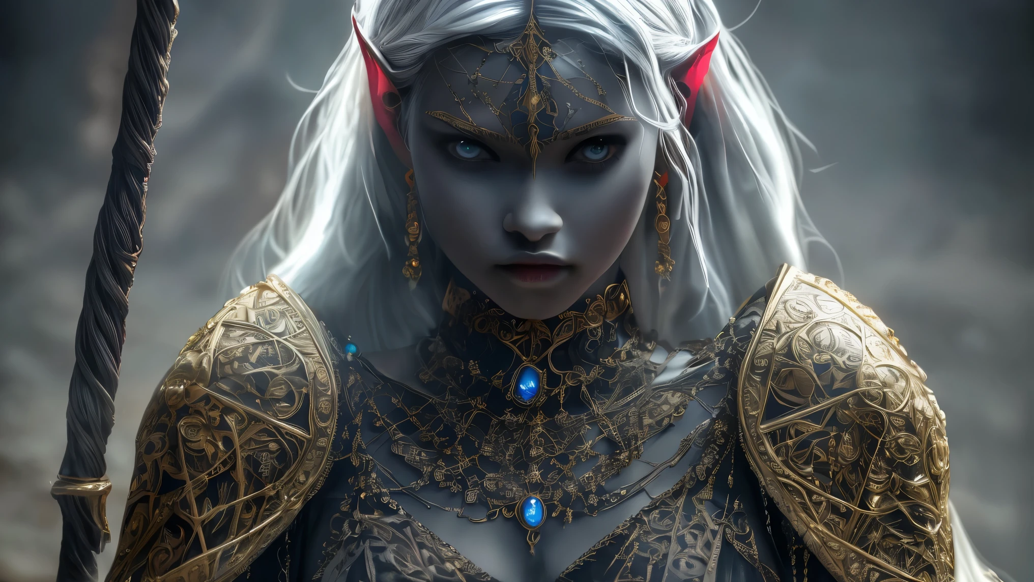 Raw photo, (masterpiece:1.3), subsurface scattering, dense shadow, (high quality:1.4), (intricate atmospheric volumetric fog, Highly detailed:1.2), professional photography, HDR, high dynamic range, realistic, ultra realistic, photorealistic, vibrations with high resolution, cinema photography, lighting ambient, atmospheric effects, GeneralDetails, female warrior drow, dark makeup, intricate atmospheric volumetric fog plate and chainmail armor, jewelry, raincoat, wreath , epiCPhoto