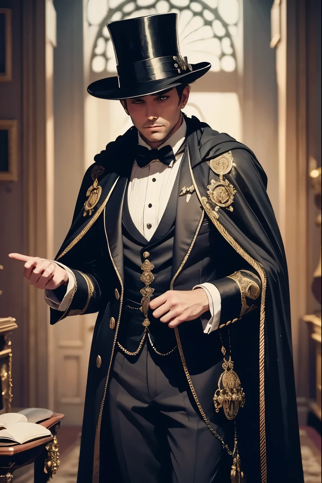 gentleman thief, man in top-hat and cloak, gracefully stealing precious treasures, intricate details of face and clothing, elegant posture and mischievous expression, 5K, ultra-detailed, photorealistic, dramatic lighting, opulent palace interior, ornate antique furniture, shimmering jewels, moonlight streaming through tall windows, oil painting, chiaroscuro, cinematic, dark colors, deep shadows, high contrast