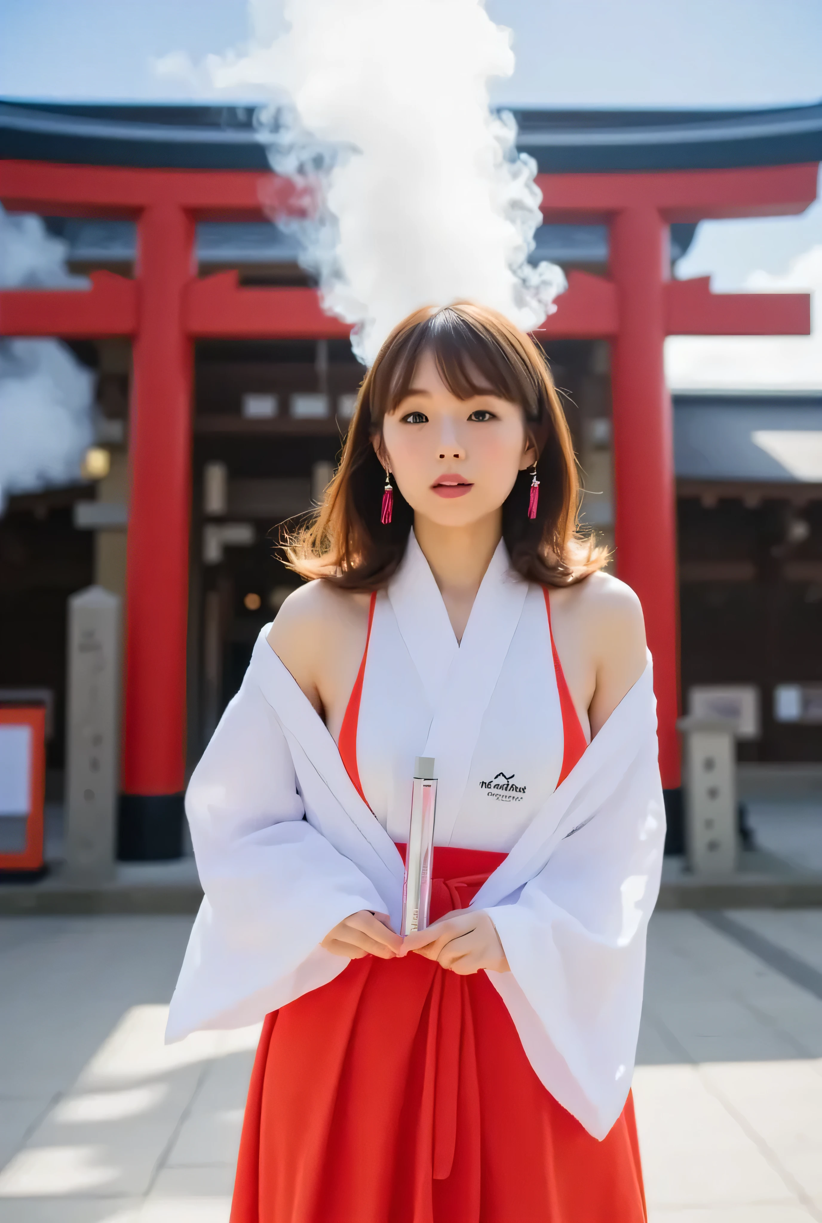 Ai Shizaki,shrine,dvr-smoke-flux,A full-body shot of a young woman with beautiful features, a slender figure, and glasses, similar to Ai Shinozaki. She is a shrine maiden, wearing a white kimono, vermilion hakama, white tabi socks, and sandals with red straps. "northernstone®" is embroidered on her chest. She is standing in the grounds of a shrine with a large red torii gate. She is holding a rectangular MOD-type vape device (light blue to yellow metallic gradient, with the "VAPORESSO" logo engraved on it), a silver cylindrical clearomizer (yellow liquid and coil visible), and a gradient drip tip. A large amount of white vapor is coming out of her mouth, filling the surroundings. There are lion dogs and a donation box in the background. Highly detailed and realistic background, high resolution, photorealistic, vivid textures, mysterious atmosphere, sharp details.