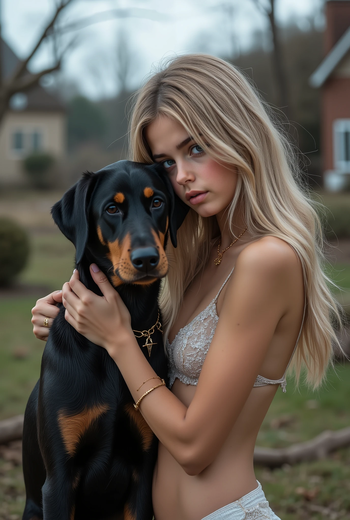 a very beautiful young teenage girl is covering her mouth with one hand while holding and cuddling a beautiful doberman dog, expression of panic and sadness at the wreckage of her collapsed house hit by a very large fallen tree, wearing a sexy short top, sexy shorts underpants, pretty little earrings and jewelry, perfect body proportions, langsing, medium straight blonde hair, cleavage at the bottom, clear sapphire blue eyes, hidung mancung, bibir merah lembut, Porcelain clean white skin with smooth texture without pores, ruins of houses hit by a very large fallen tree, wearing small earrings and necklace, Background in the middle of a residential neighborhood of residents, Side view point, Focus on house ruins and girl, 8K Ultra HD, foto RAW, photorealistic quality, ketajaman maksimum, karya agung, detail tinggi, resolusi tinggi, sangat detail, dramatic lighting, bayangan realistis, professional photography, (karya agung:1.3,8k:1.3,Kualitas Tertinggi:1.3,detail:1.3,resolusi tinggi:1.3,lukisan digital,sangat detail), practice, Foto yang jelas, detail realistis, background sangat detail, very clear background.