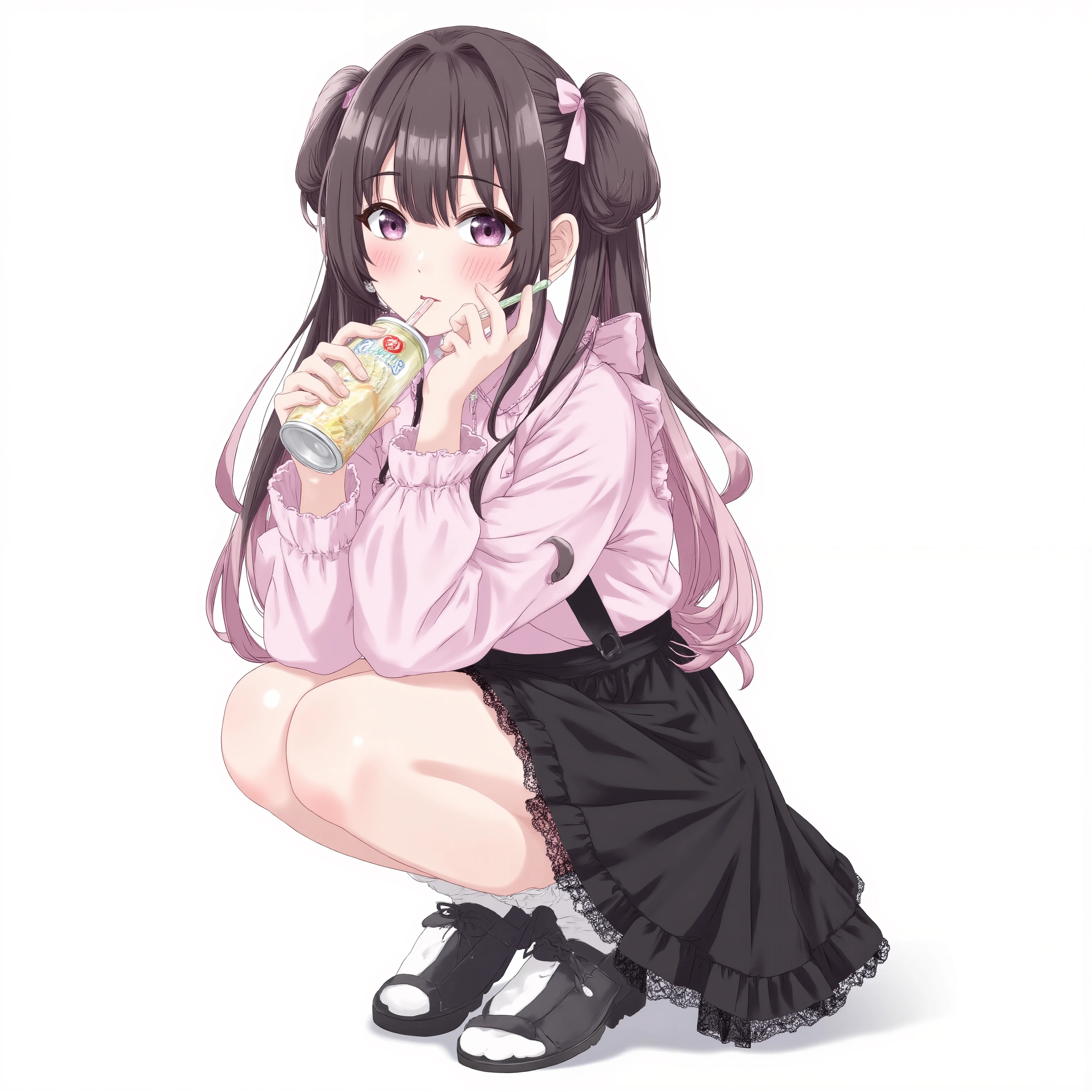 (Watercolor:0.4),(pastel color holding a banana:0.4),1girl, dark hair with light pink highlights, long,two side up,squat,blush,tilts one's neck,Pink Frilled Blouses, Black Suspender Skirt, ribbon, Black Lace Details, pink and black color scheme, cute japanese fashion ,white simple background,Watch Viewers, Can Drink with Straws ,Holding a Can,full body
,masterpiece,Highest Quality,great quality,