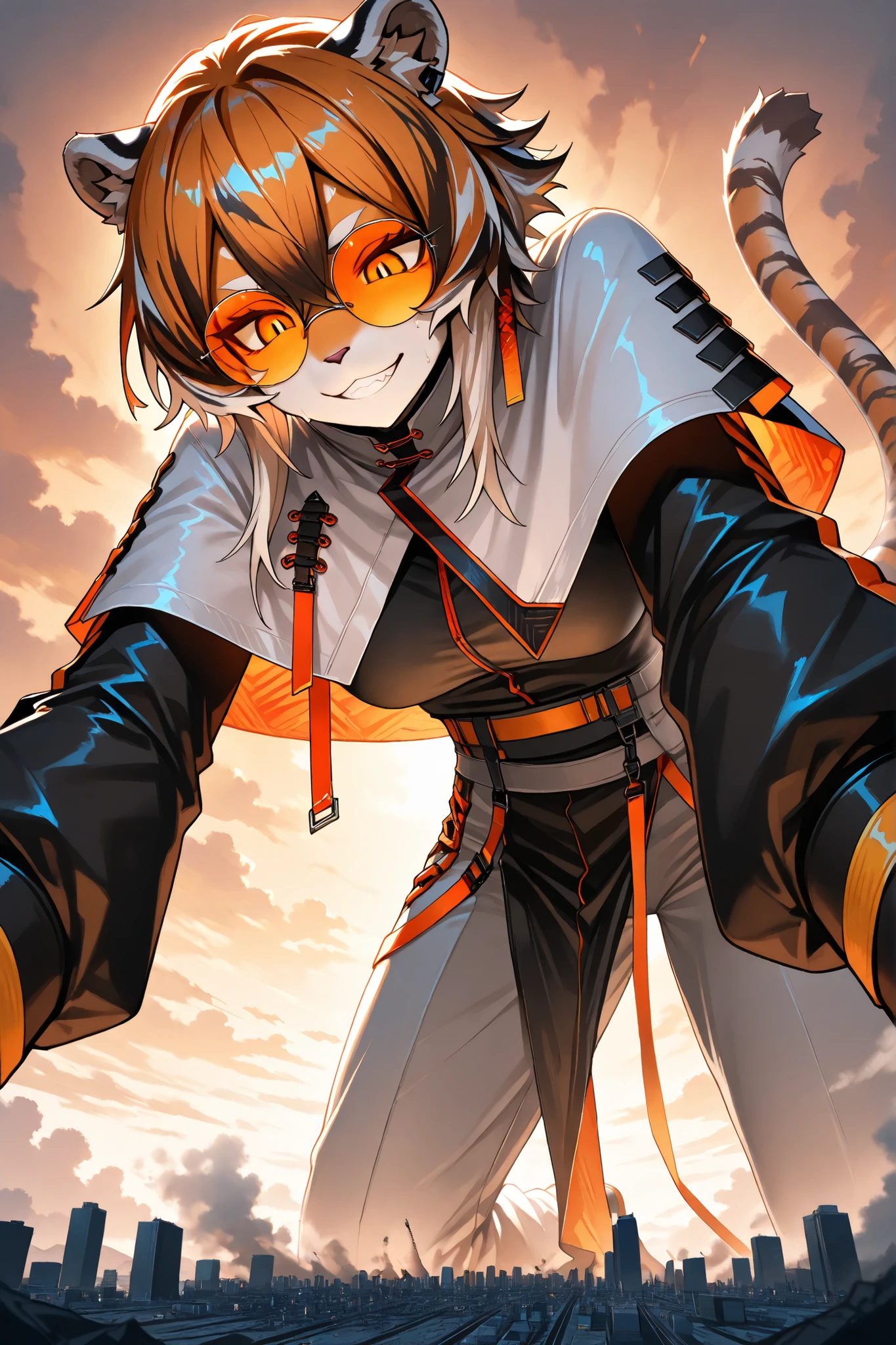 waaifu_arknights, (masterpiece, Highest quality, Ultra-high resolution), Glossiness, shiny, sweat, steamy, furry female, tiger ears, orange hair, tiger girl, short hair, multicolored fur, tiger tail, orange-tinted eyewear, pelvic curtain, pants, white capelet, lewd smile, cool backlight, macro, giantess, landscape, aerial perspective, giga size, cloud, tiny city, on all fours, destroyed city, from below