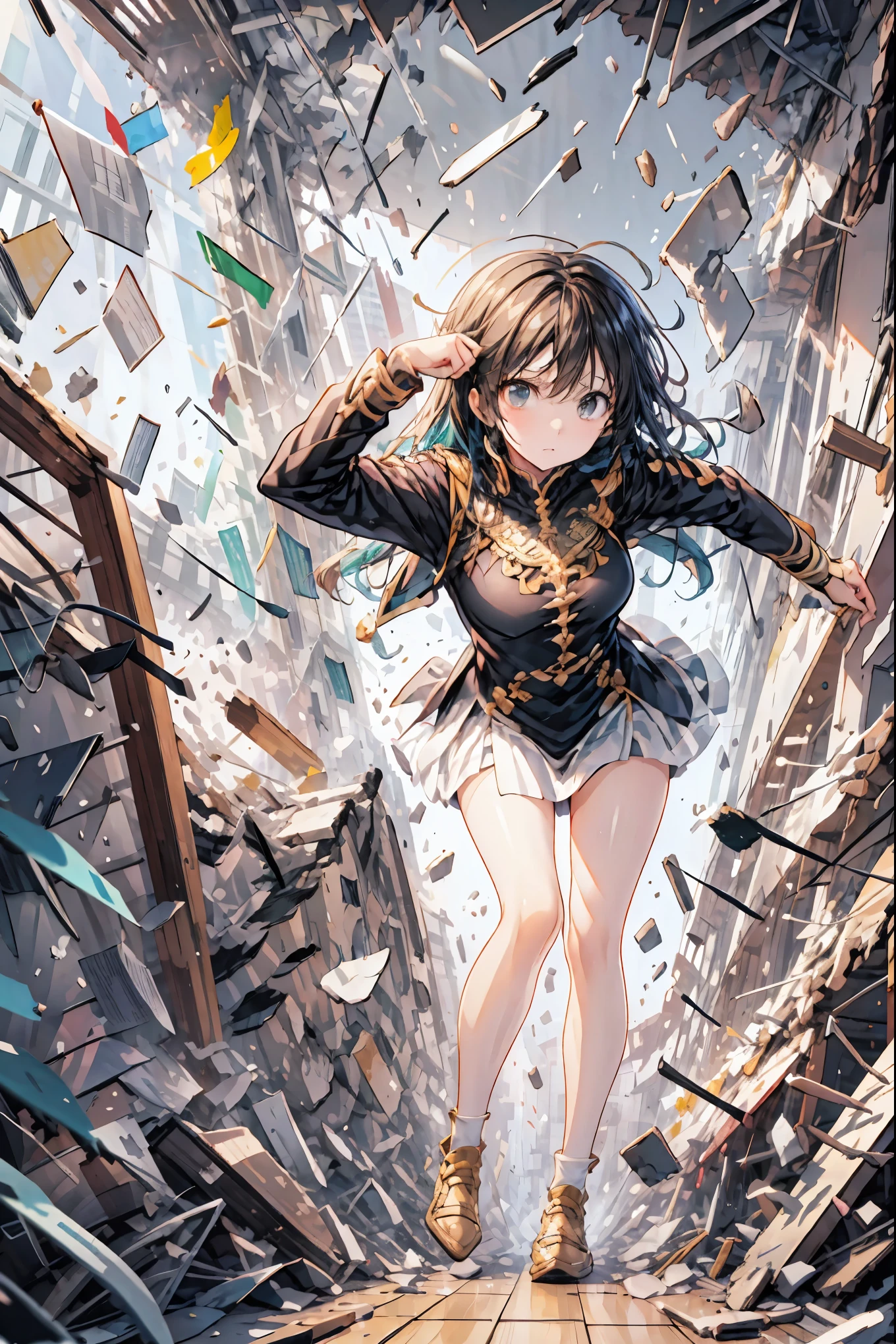 ((from above:1.2)),Overlooking、I can see my whole body,Super Powers Homeless、Psychic Standing Inside the Collapsed Building、stunned expression、Strenuous Posture、Destroyed environment、Dark and Desolate Atmosphere、4K ultra-high definition photo、REALISTIC TEXTURE、Horrifying Dark Tones、Ruins Concept Art、Photographic Rendering、Extreme Textures and Details、HDR、professional、Vivid Colors、The Blown Away Town、Collapsed Building